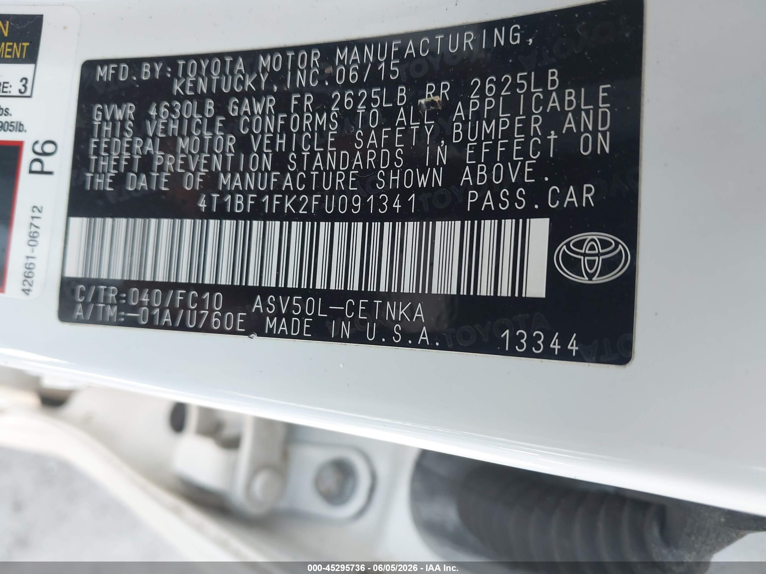 2015 Toyota Camry Le/xle/se/xse White vin: 4T1BF1FK2FU091341