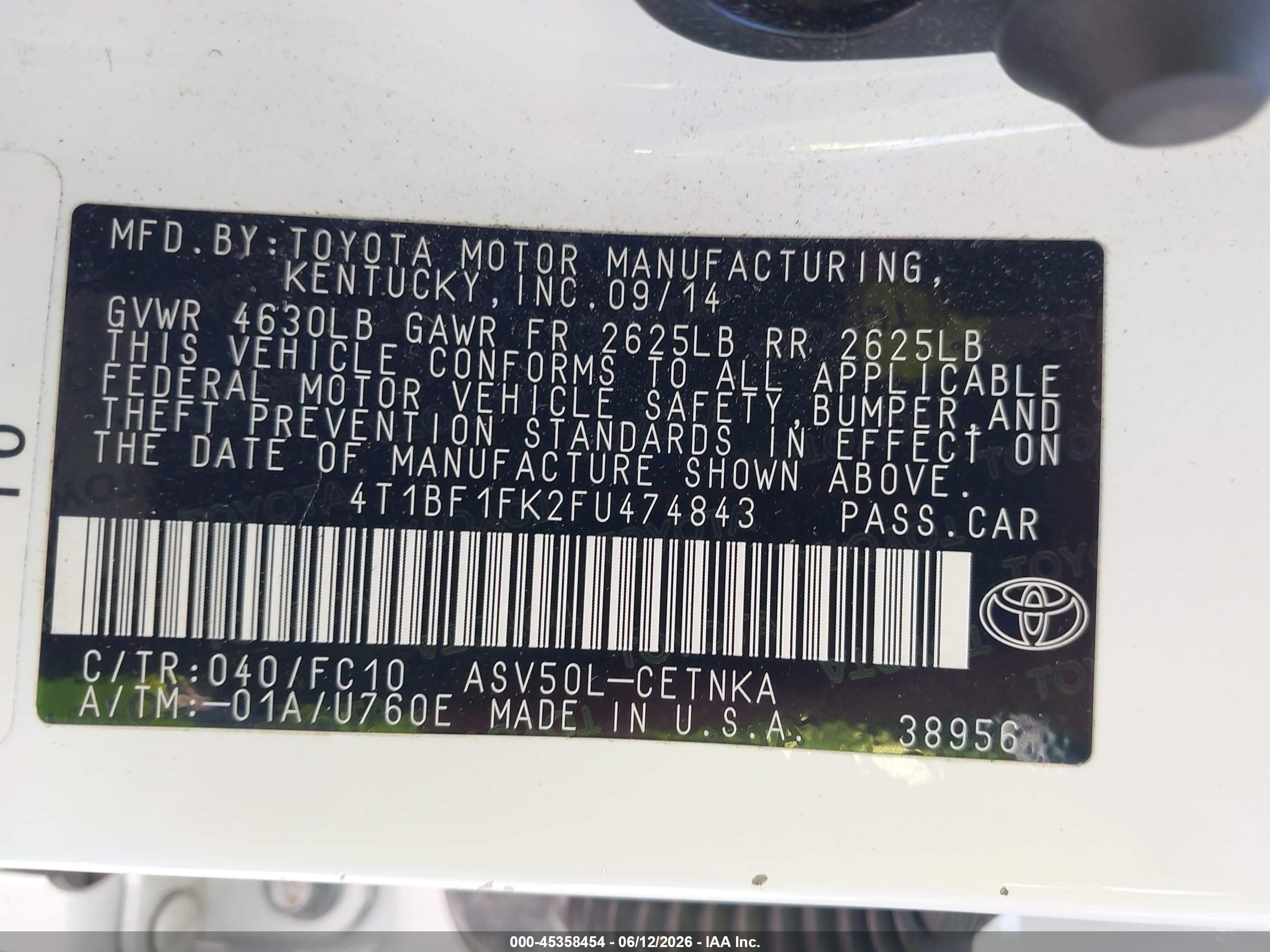 2015 Toyota Camry Le White vin: 4T1BF1FK2FU474843