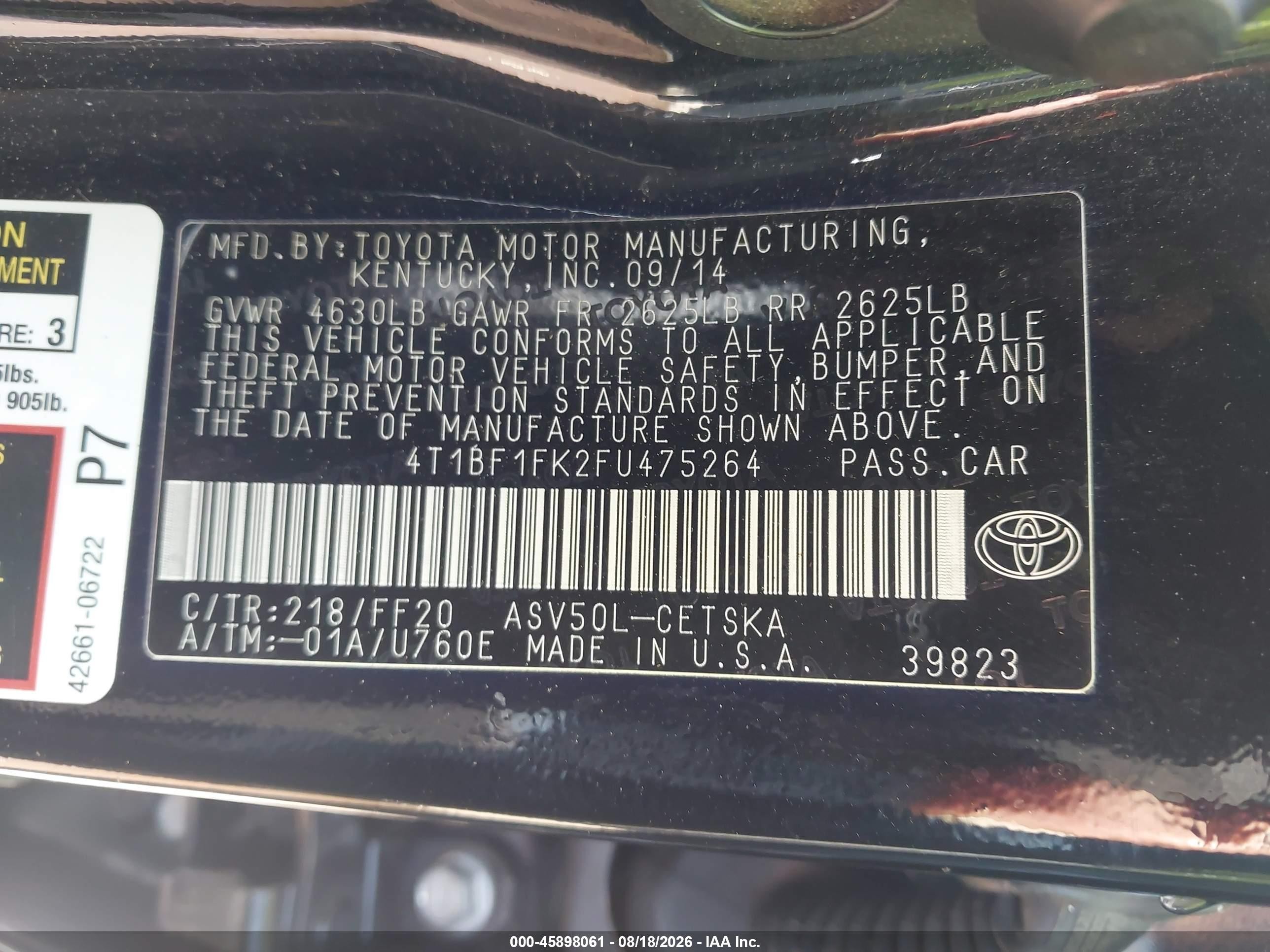 2015 Toyota Camry Se Black vin: 4T1BF1FK2FU475264