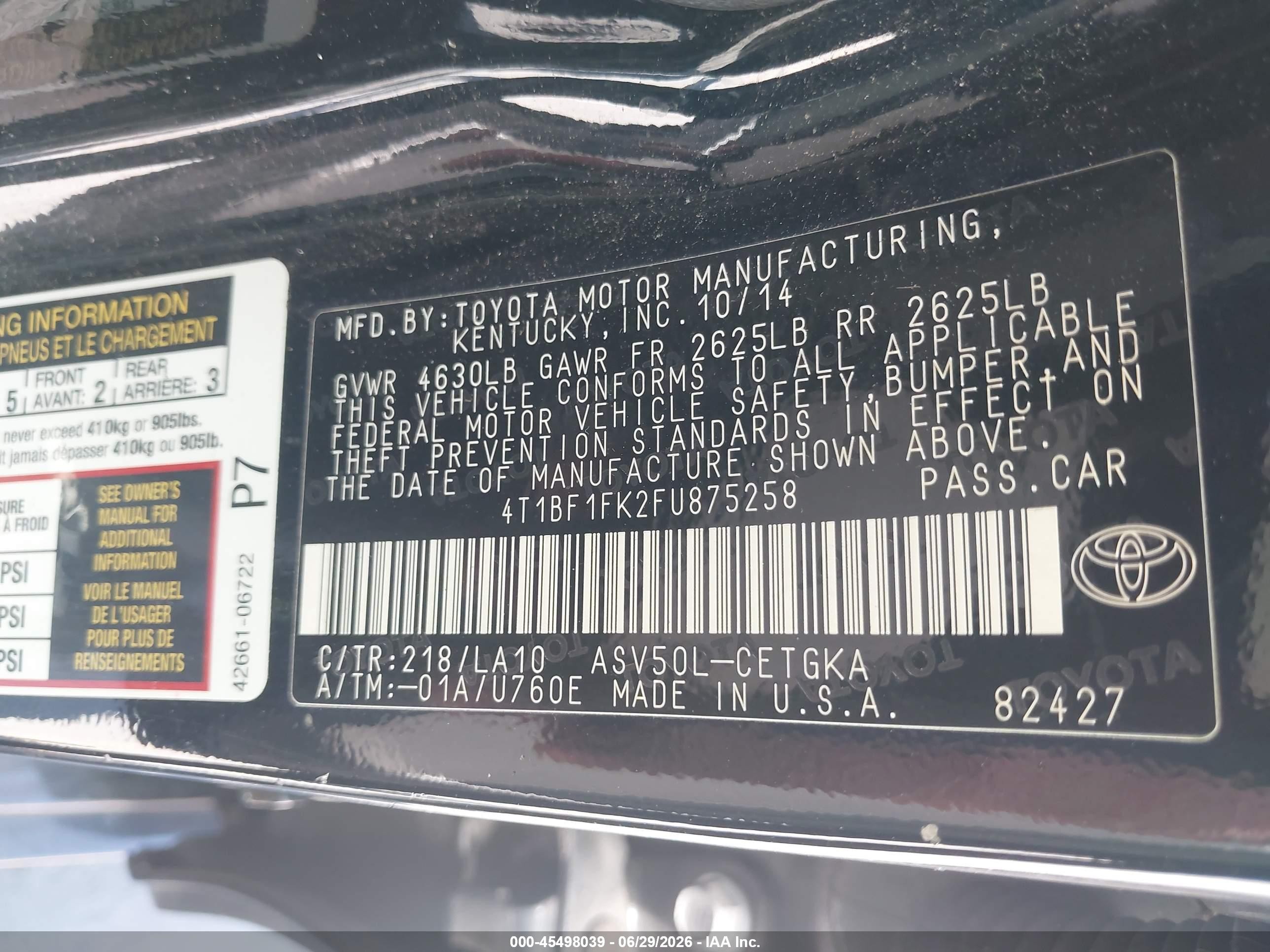 2015 Toyota Camry Xle Black vin: 4T1BF1FK2FU875258