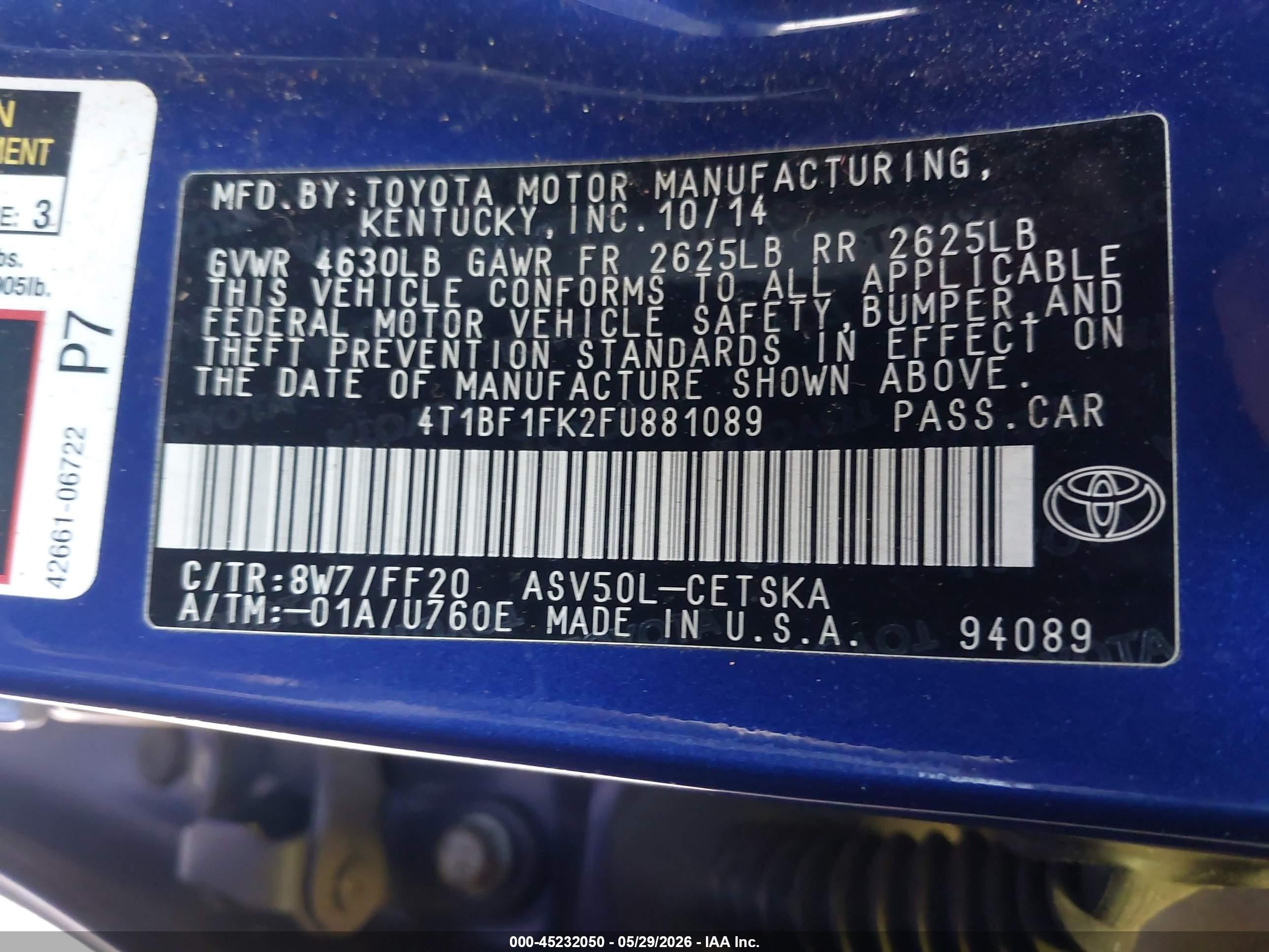 2015 Toyota Camry Se Blue vin: 4T1BF1FK2FU881089