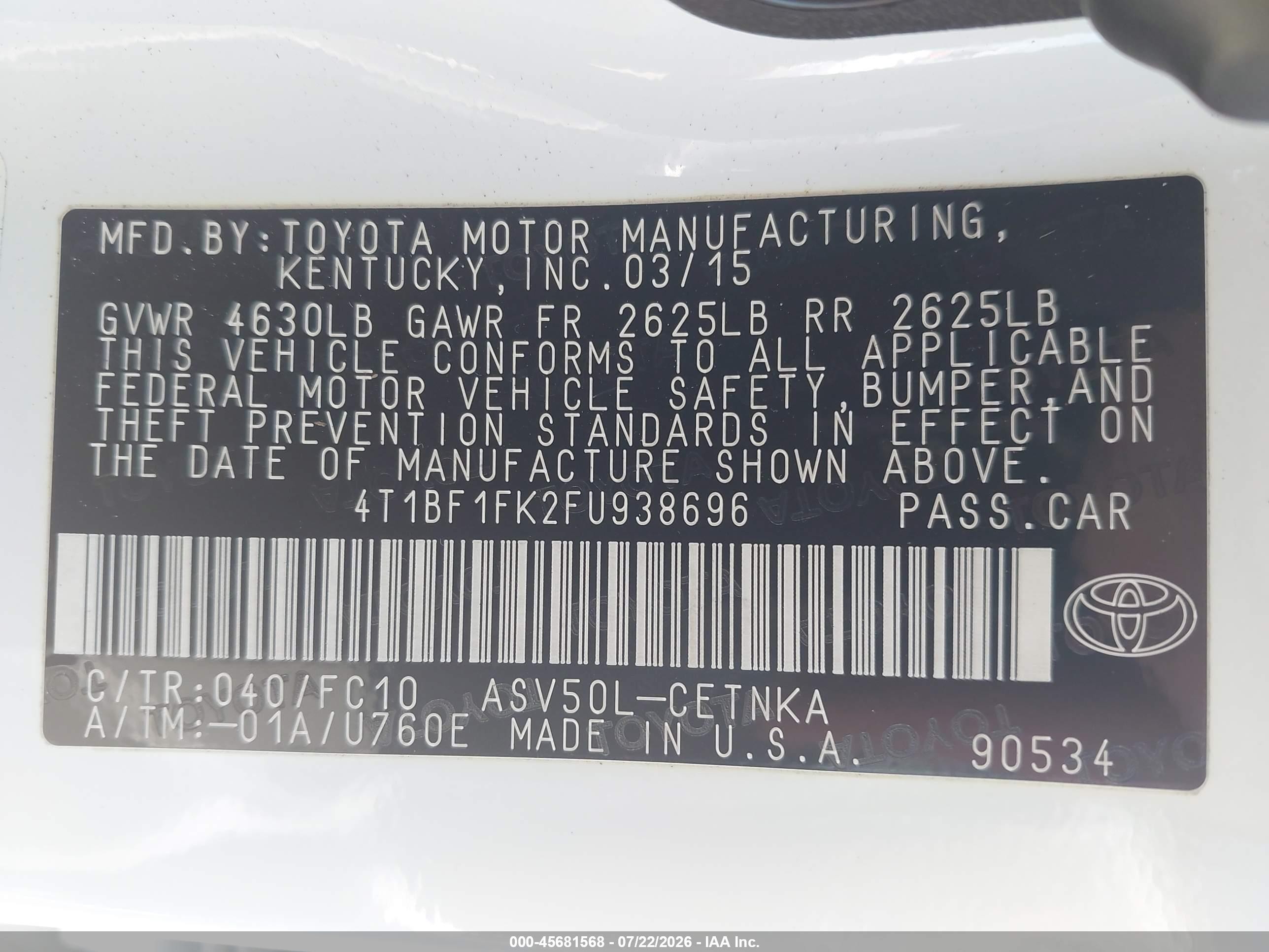 2015 Toyota Camry Le White vin: 4T1BF1FK2FU938696