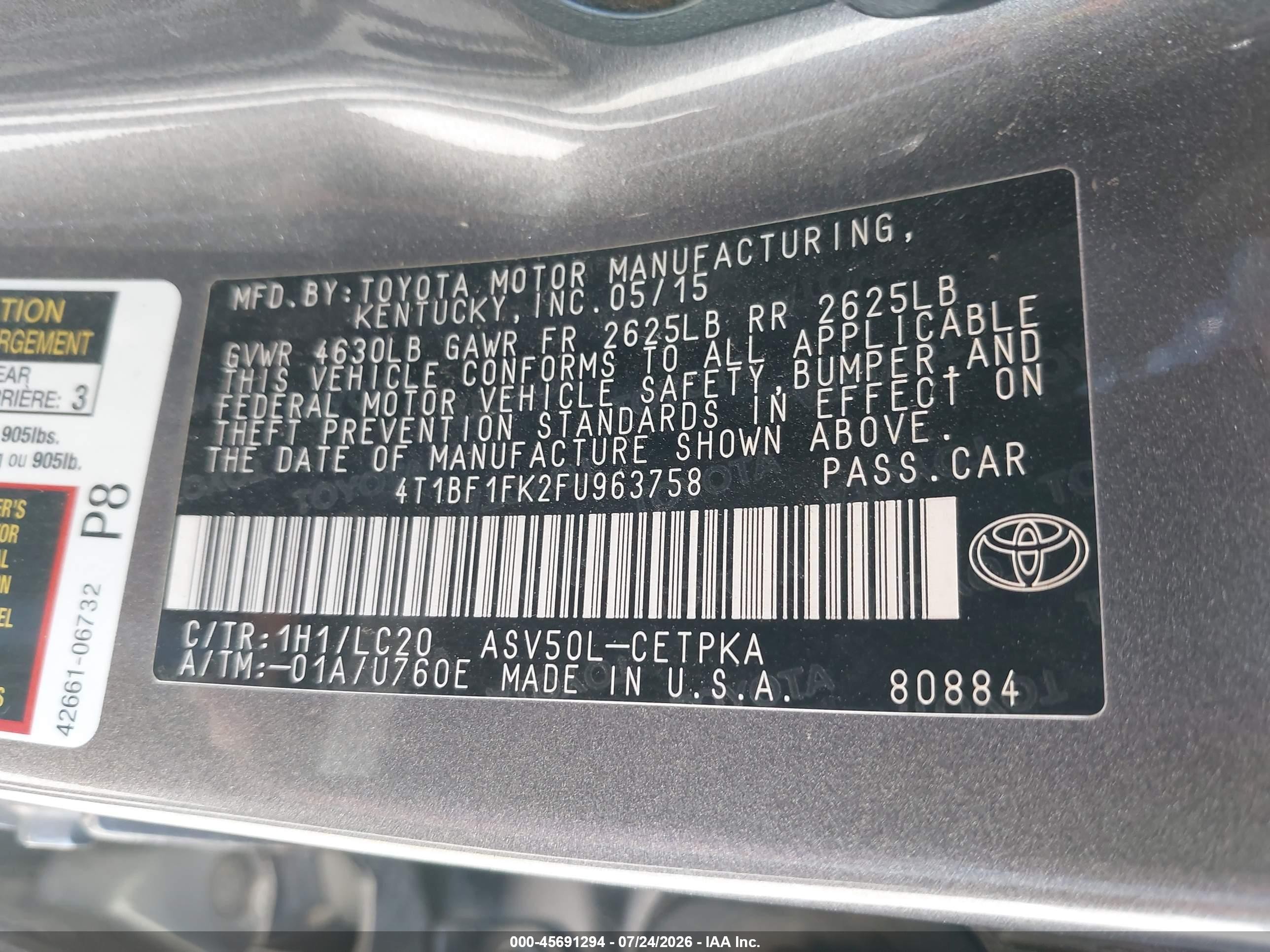 2015 Toyota Camry Xse Gray vin: 4T1BF1FK2FU963758
