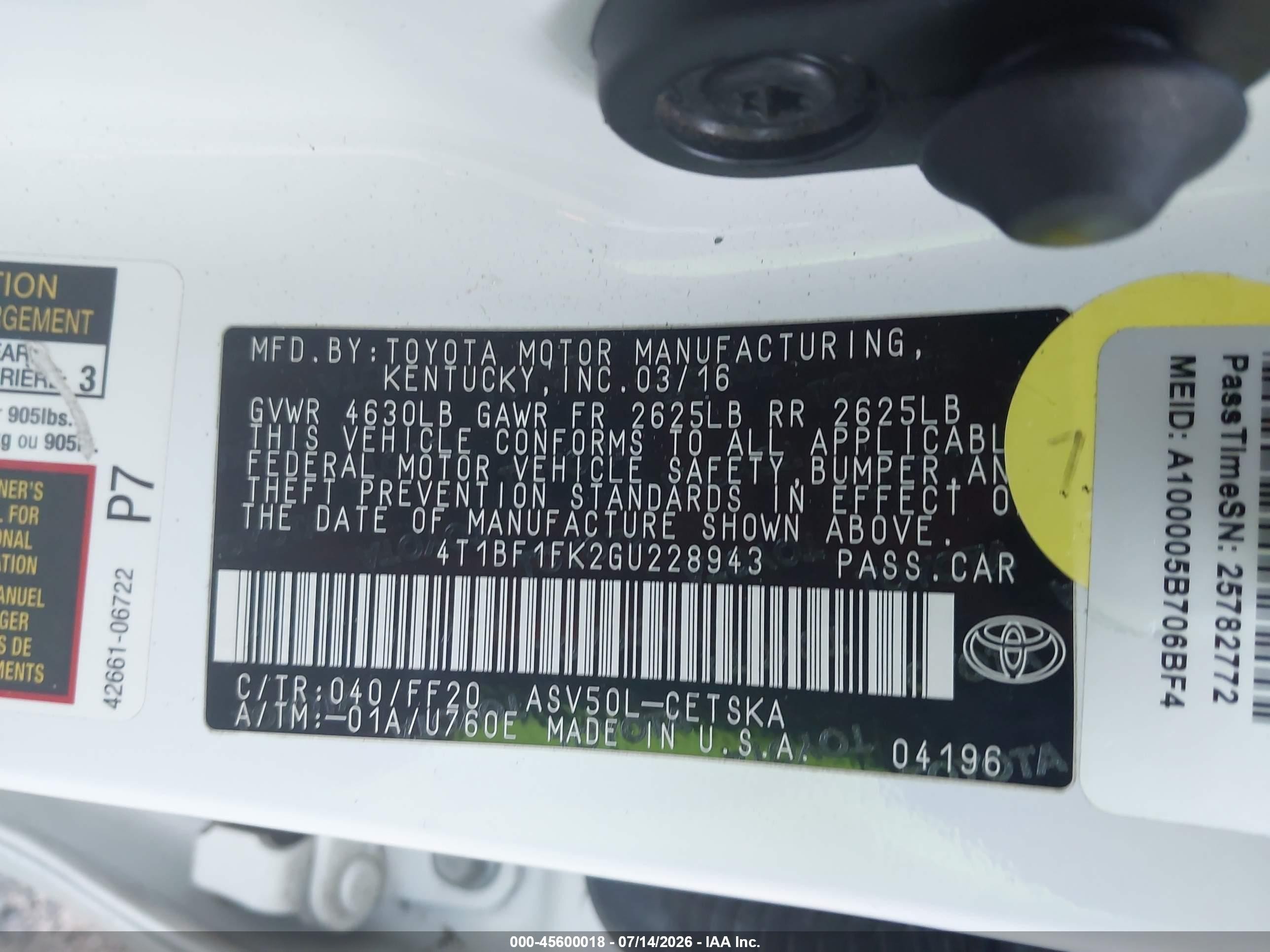 2016 Toyota Camry Se White vin: 4T1BF1FK2GU228943
