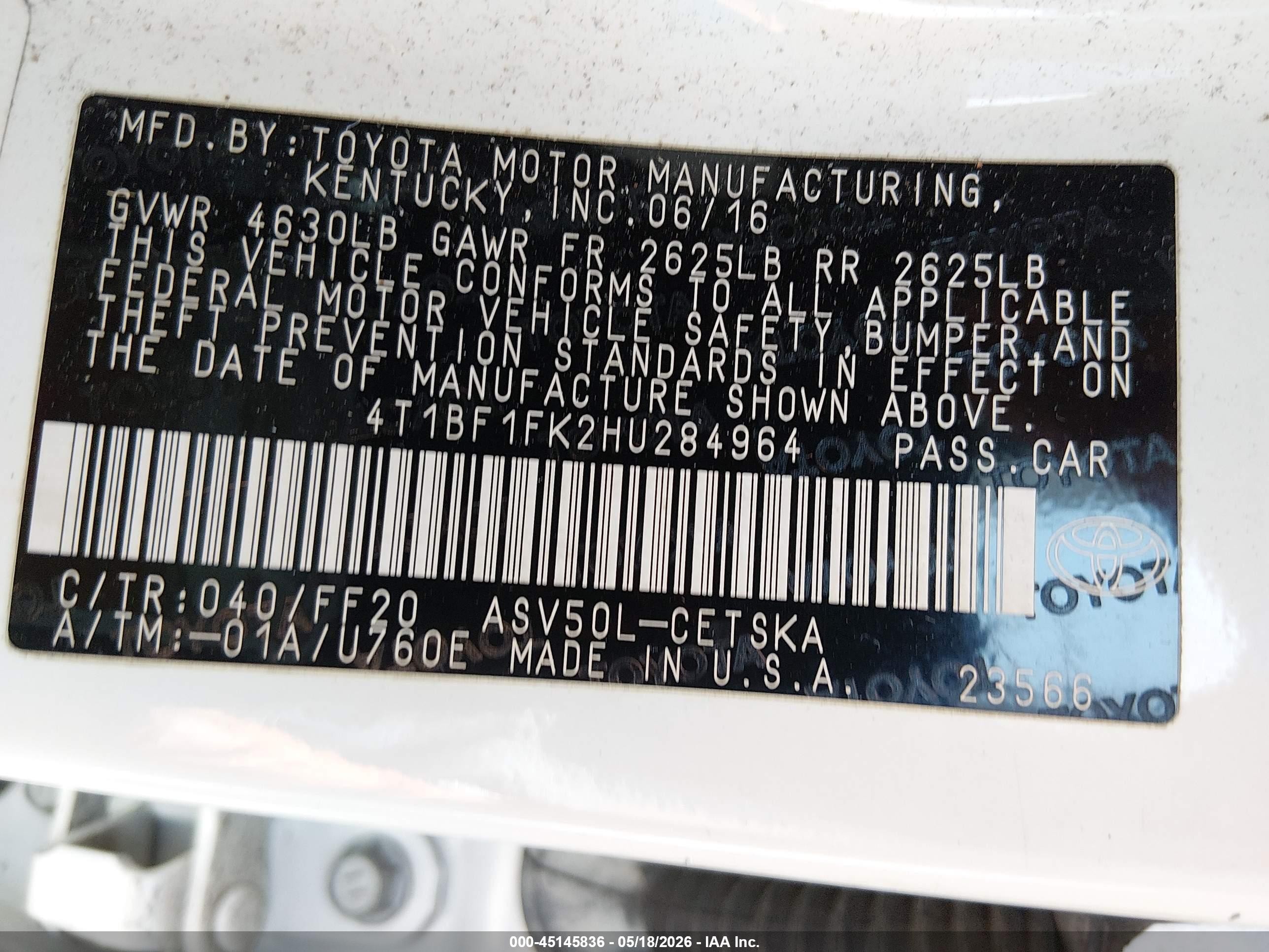 2017 Toyota Camry Se White vin: 4T1BF1FK2HU284964