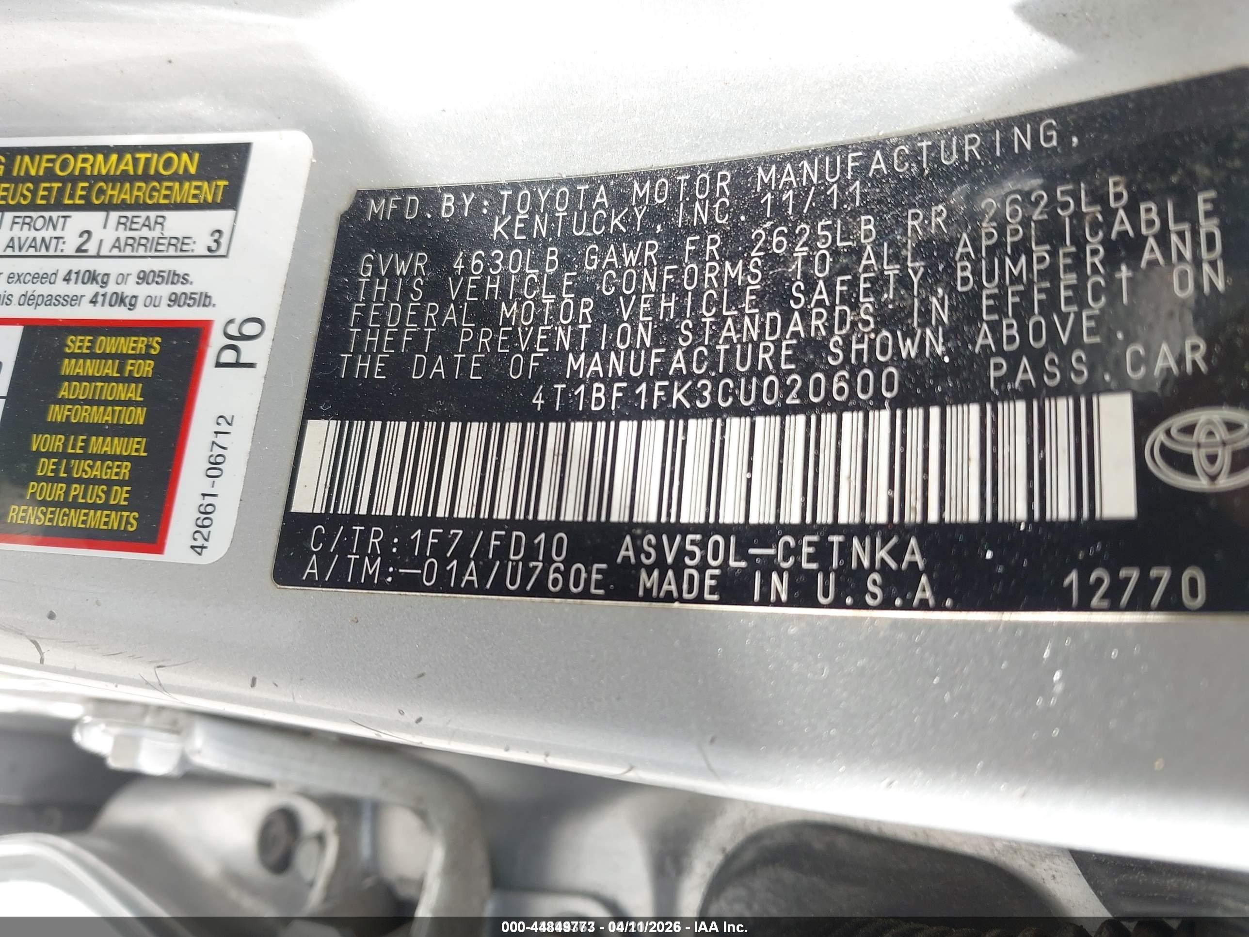 2012 Toyota Camry Le Silver vin: 4T1BF1FK3CU020600