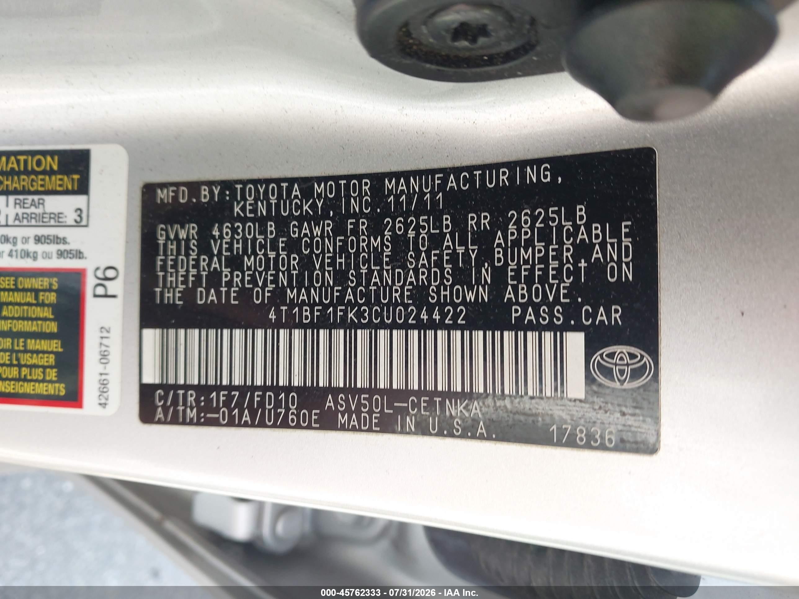 2012 Toyota Camry Le Gray vin: 4T1BF1FK3CU024422