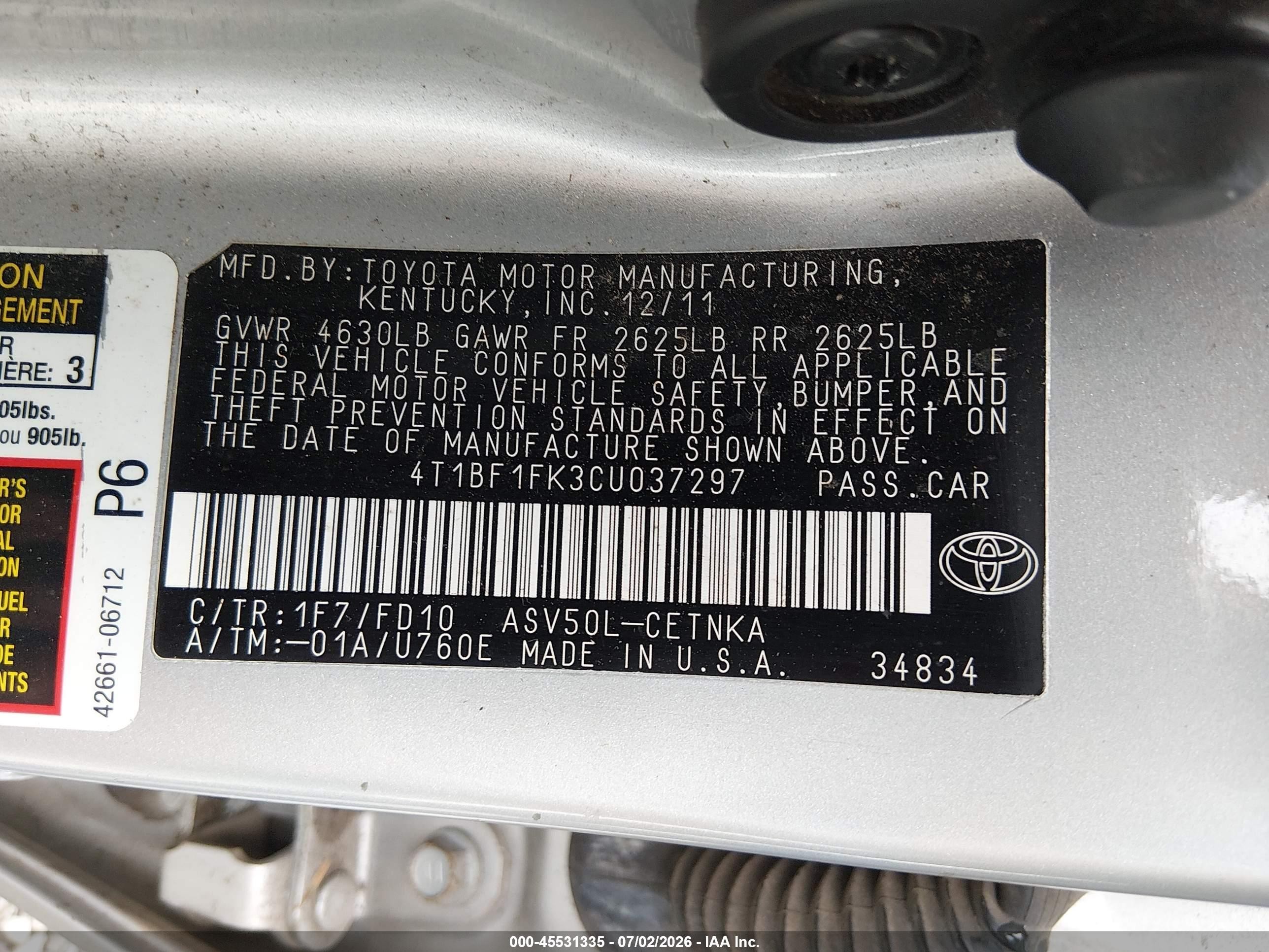 2012 Toyota Camry Le Silver vin: 4T1BF1FK3CU037297