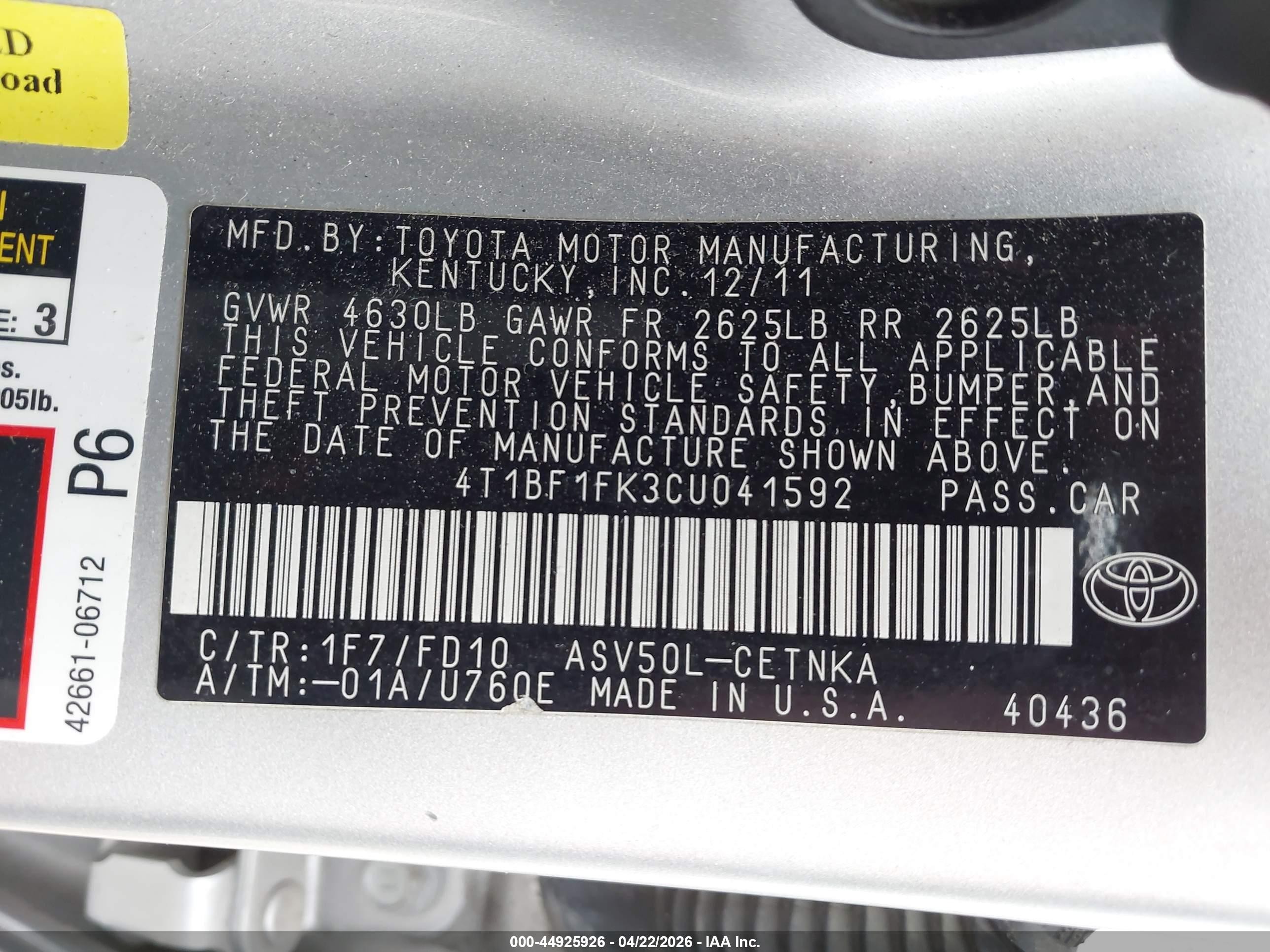 2012 Toyota Camry Le Silver vin: 4T1BF1FK3CU041592