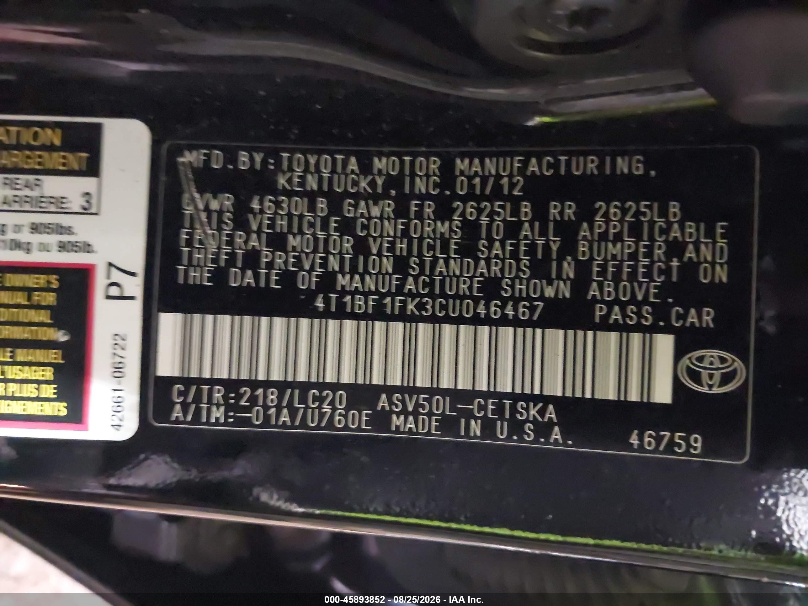 2012 Toyota Camry Se Black vin: 4T1BF1FK3CU046467