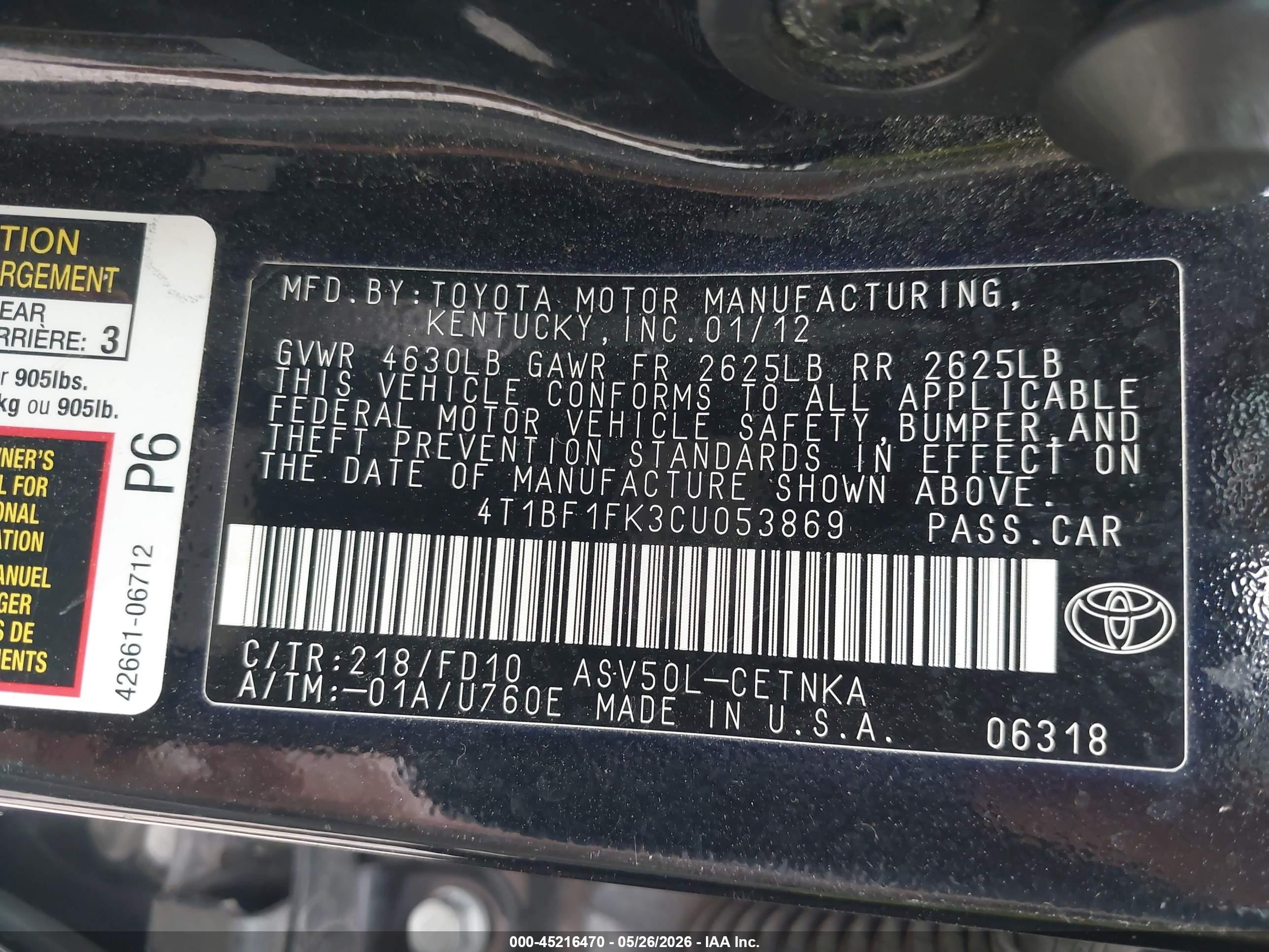 2012 Toyota Camry Le Black vin: 4T1BF1FK3CU053869