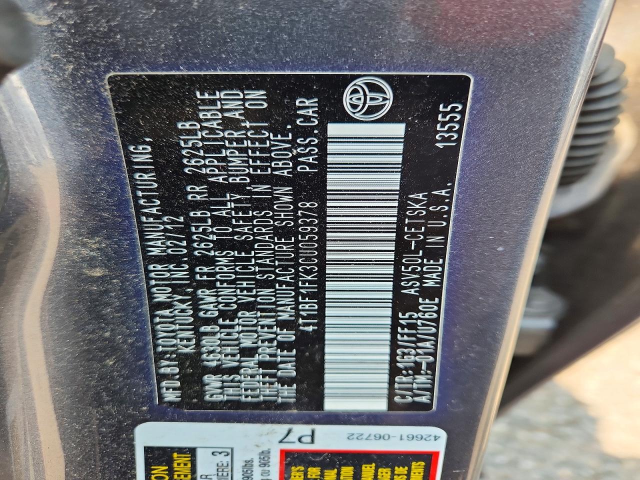 2012 Toyota Camry Se Gray vin: 4T1BF1FK3CU059378