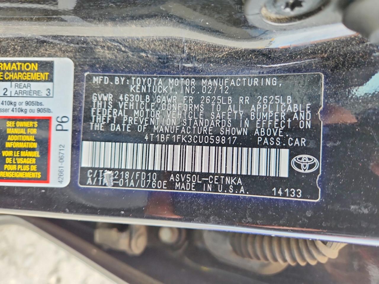 2012 Toyota Camry Le Черный vin: 4T1BF1FK3CU059817