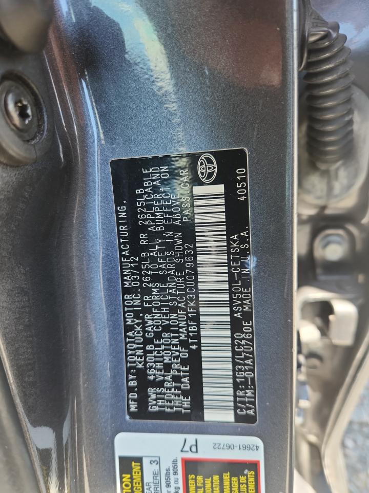 2012 Toyota Camry Se Gray vin: 4T1BF1FK3CU079632