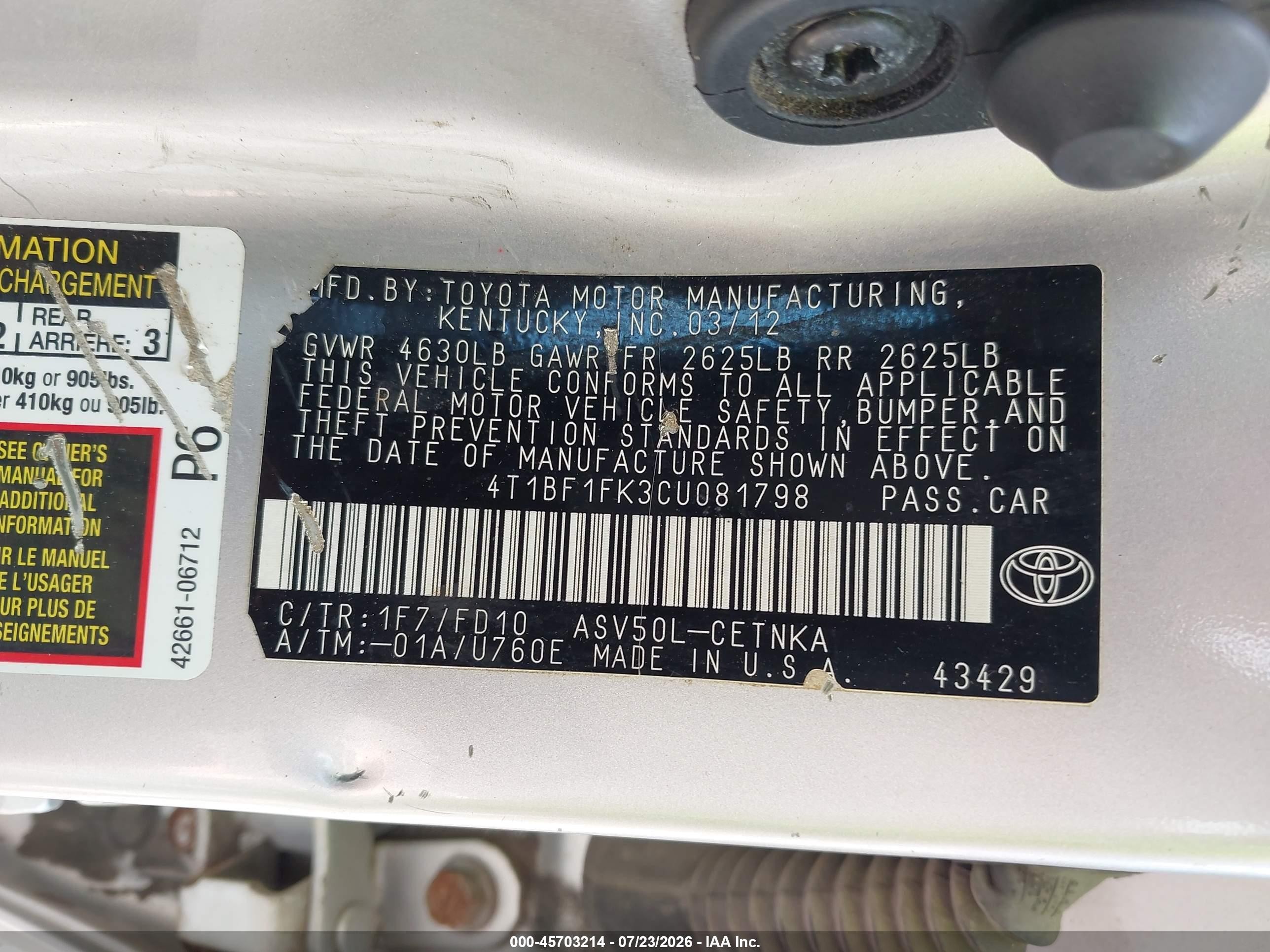 2012 Toyota Camry Le Серебряный vin: 4T1BF1FK3CU081798