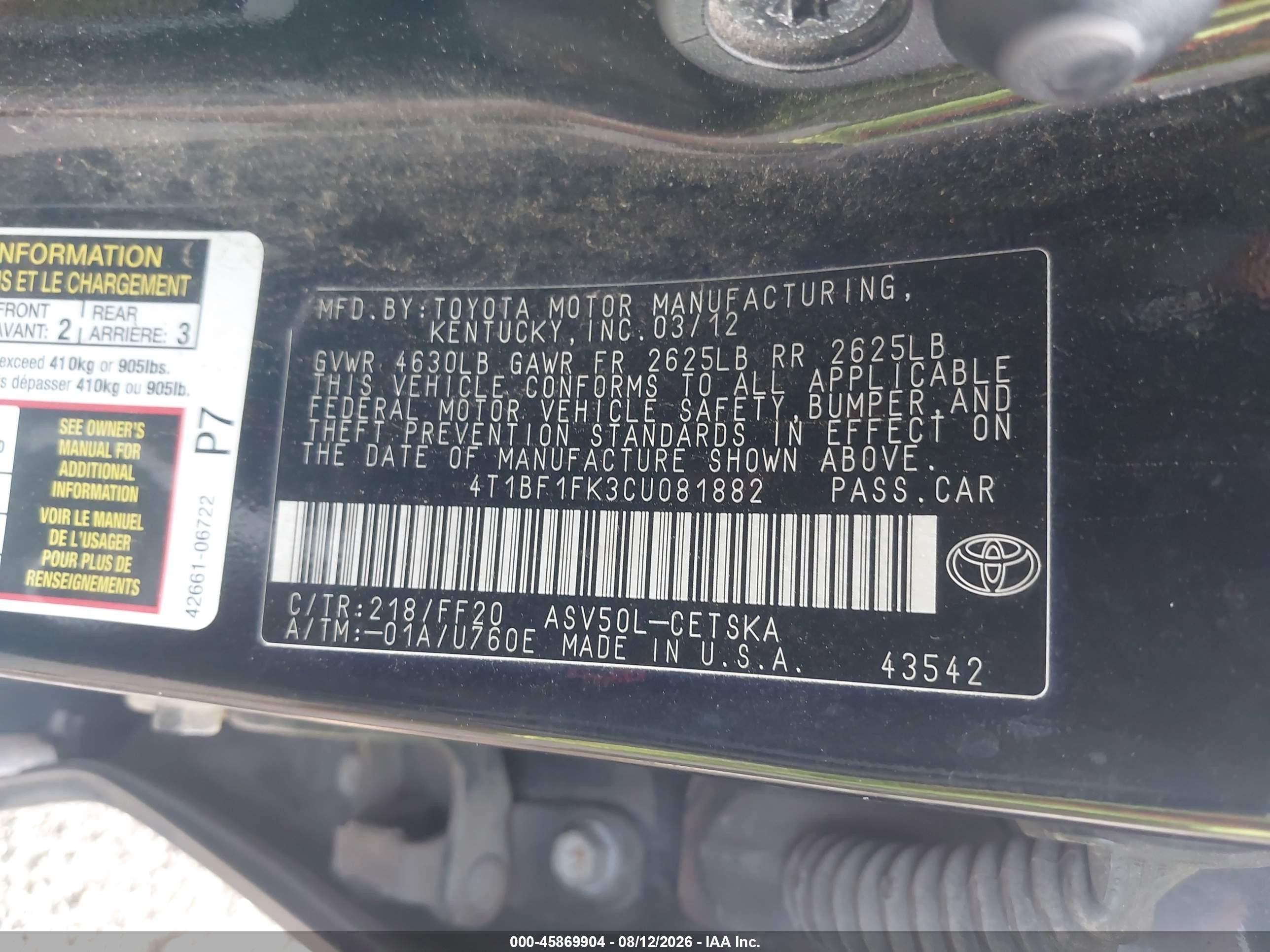 2012 Toyota Camry Se Black vin: 4T1BF1FK3CU081882