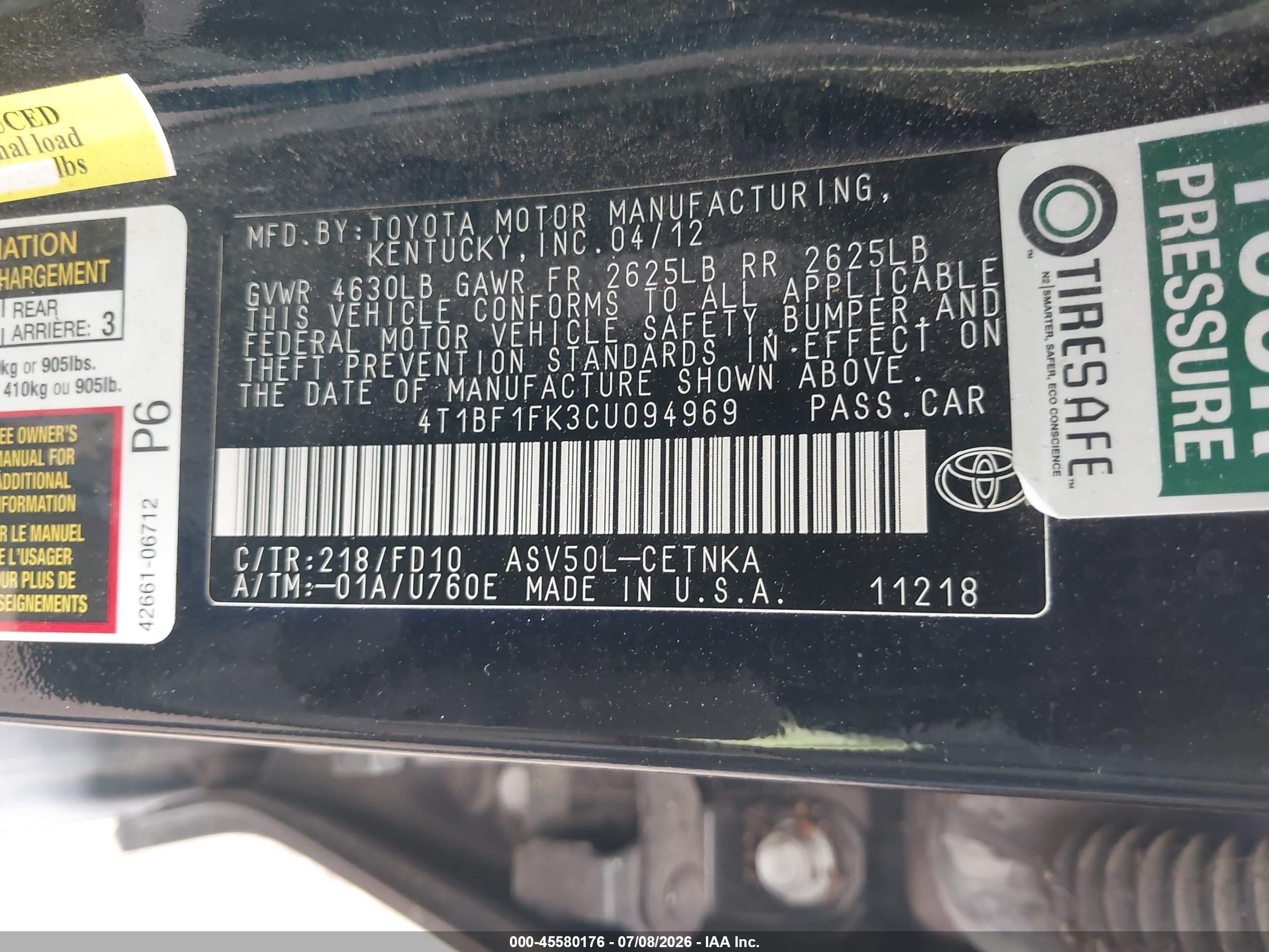 2012 Toyota Camry Le Black vin: 4T1BF1FK3CU094969