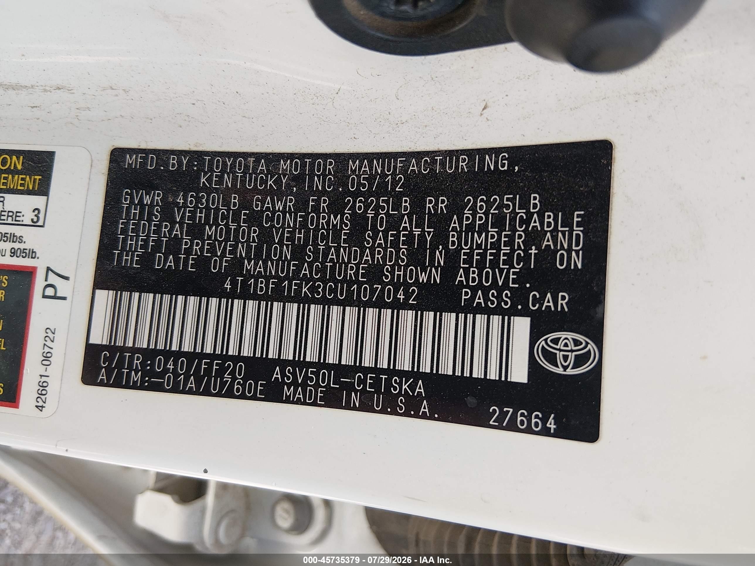 2012 Toyota Camry Se White vin: 4T1BF1FK3CU107042