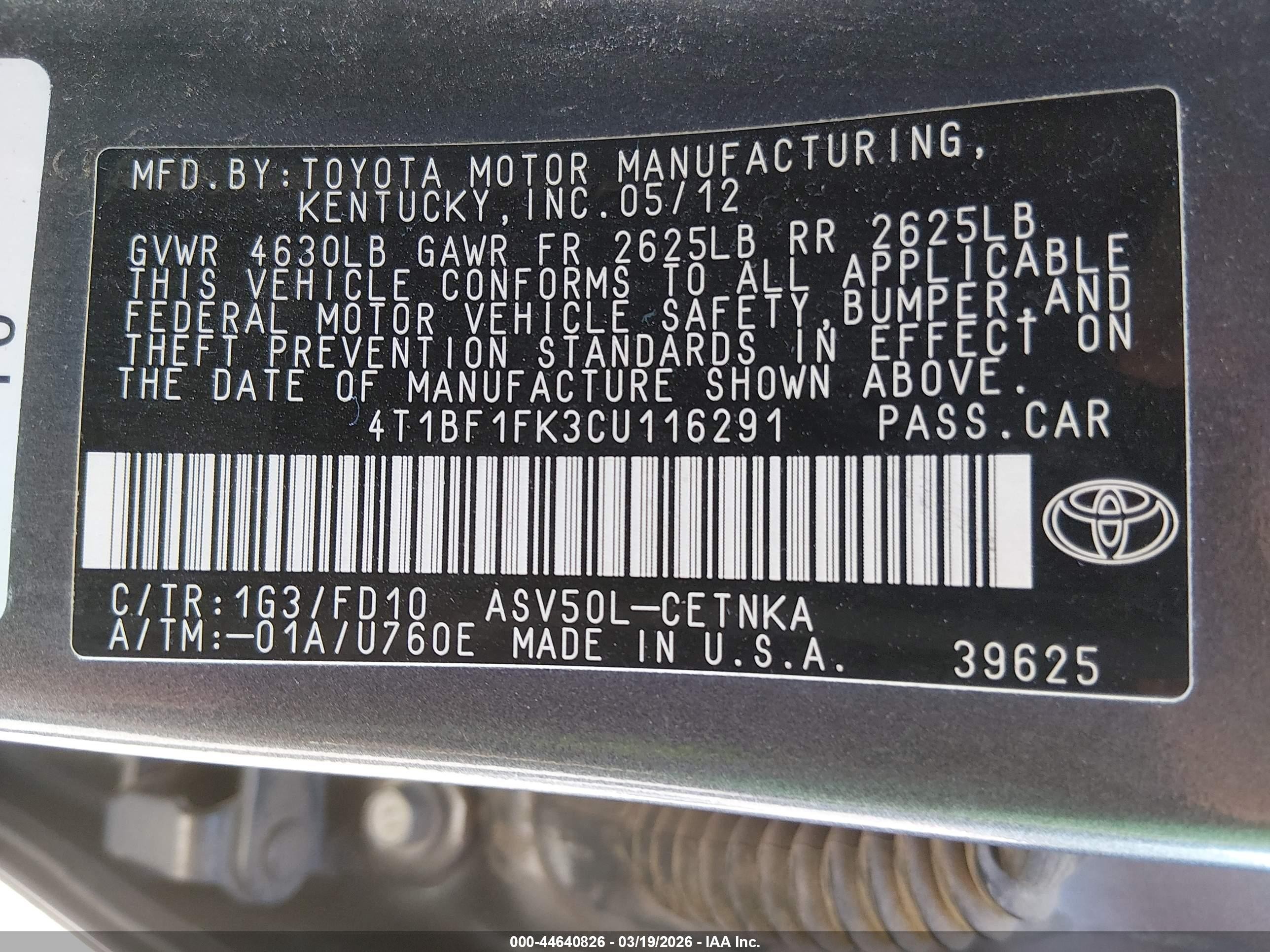 2012 Toyota Camry Le Gray vin: 4T1BF1FK3CU116291