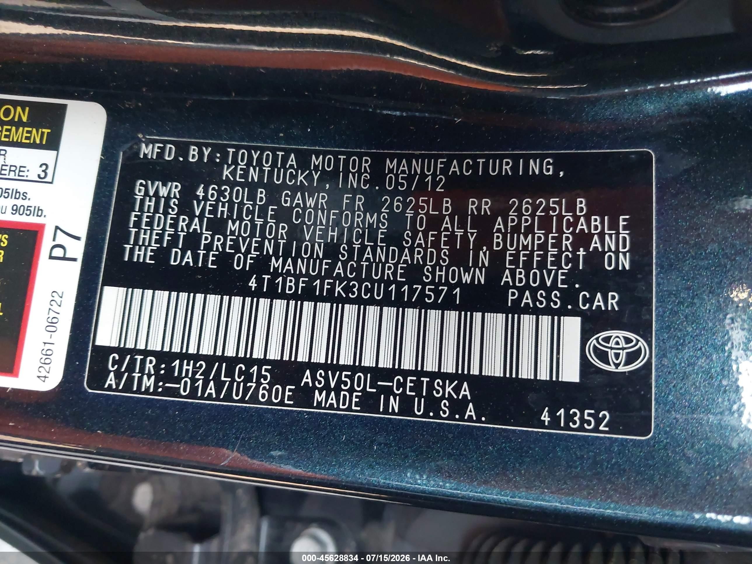2012 Toyota Camry Se Dark Blue vin: 4T1BF1FK3CU117571