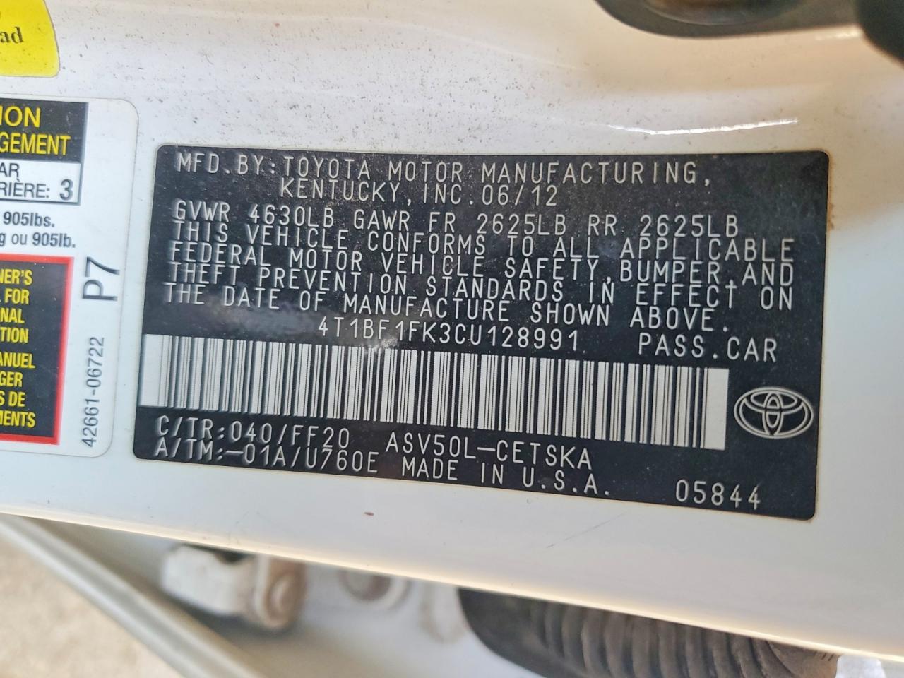 2012 Toyota Camry Se White vin: 4T1BF1FK3CU128991