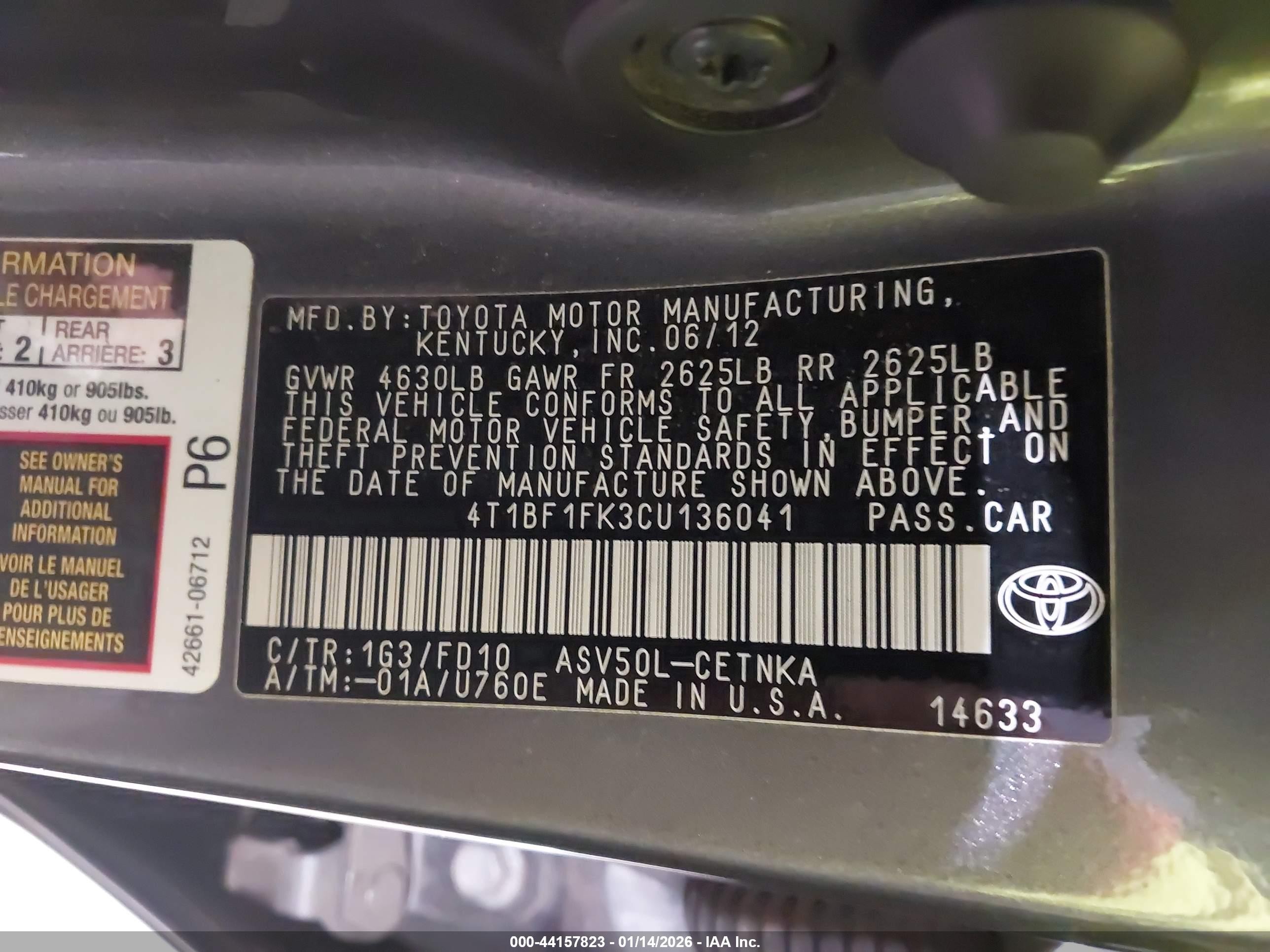 2012 Toyota Camry Le Silver vin: 4T1BF1FK3CU136041