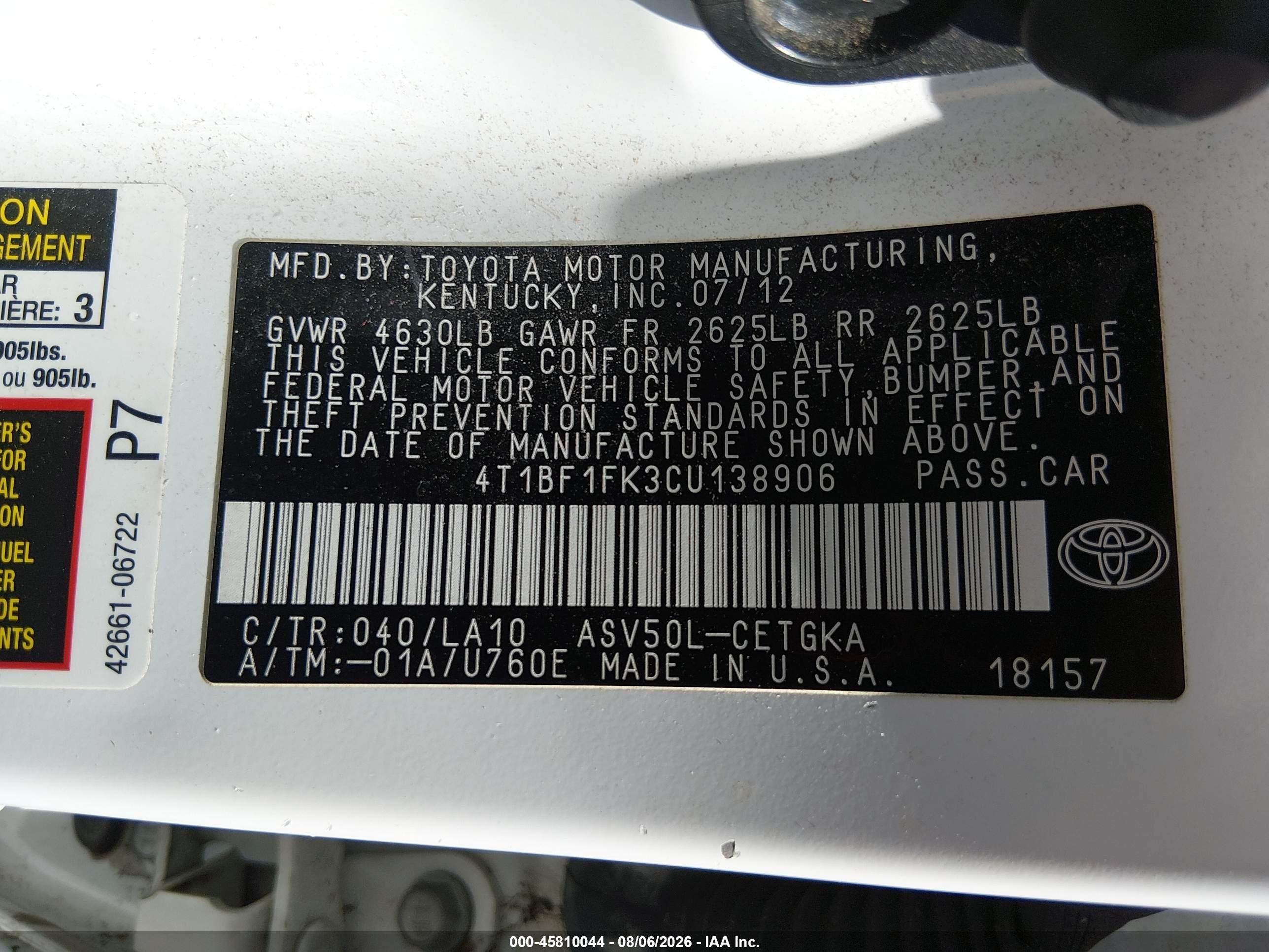 2012 Toyota Camry Xle White vin: 4T1BF1FK3CU138906