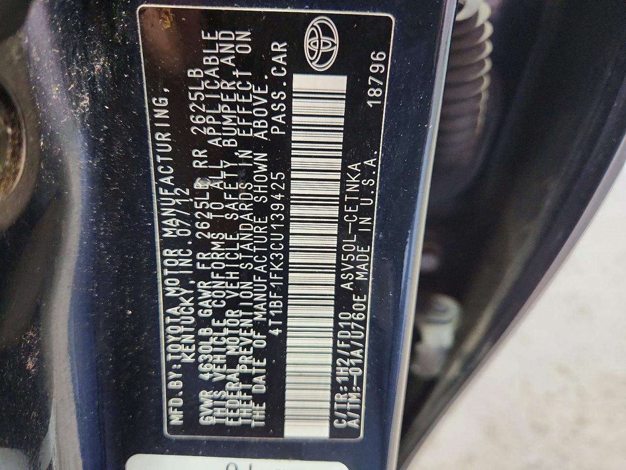 2012 Toyota Camry Le Black vin: 4T1BF1FK3CU139425