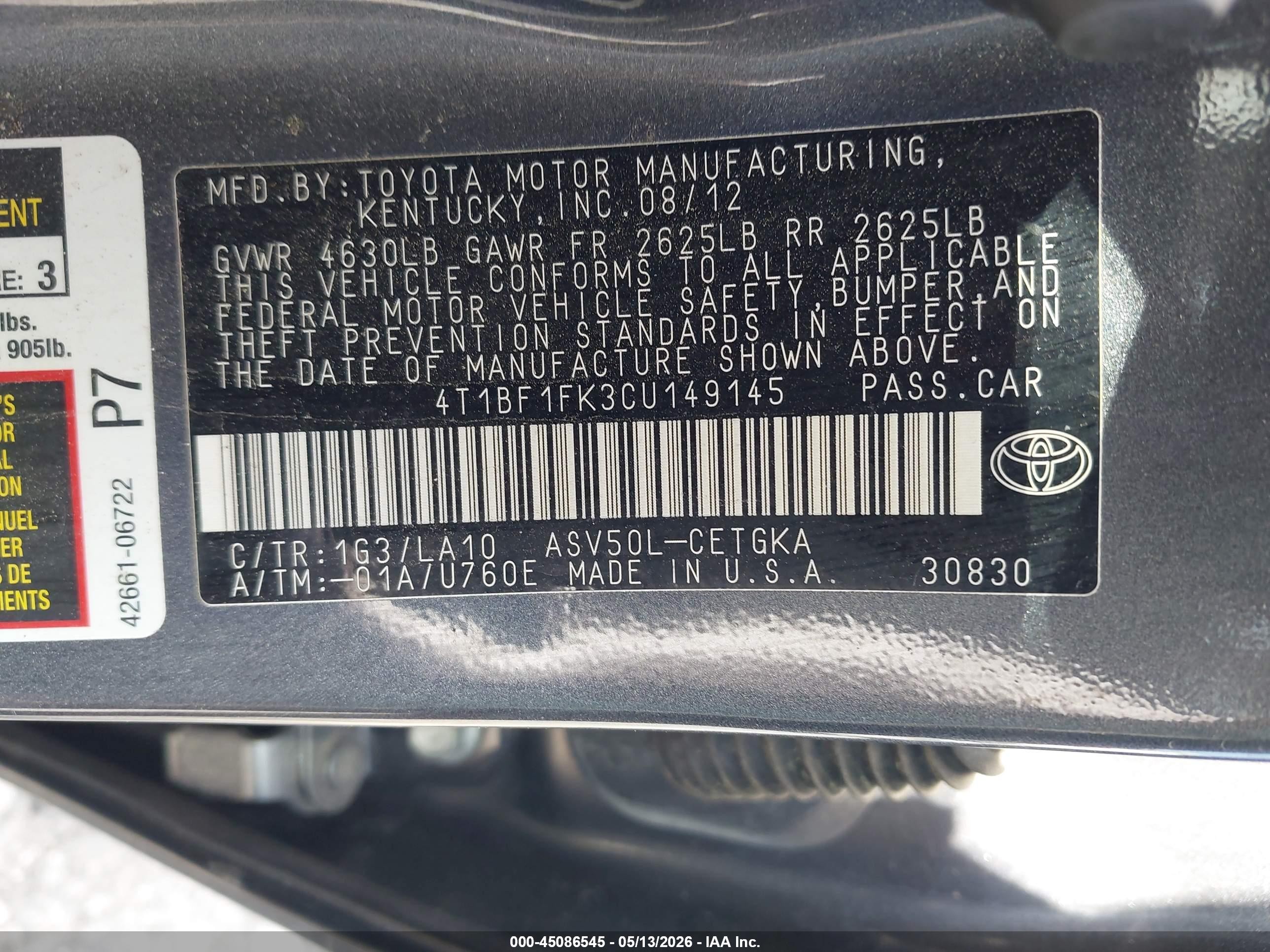 2012 Toyota Camry Xle Gray vin: 4T1BF1FK3CU149145