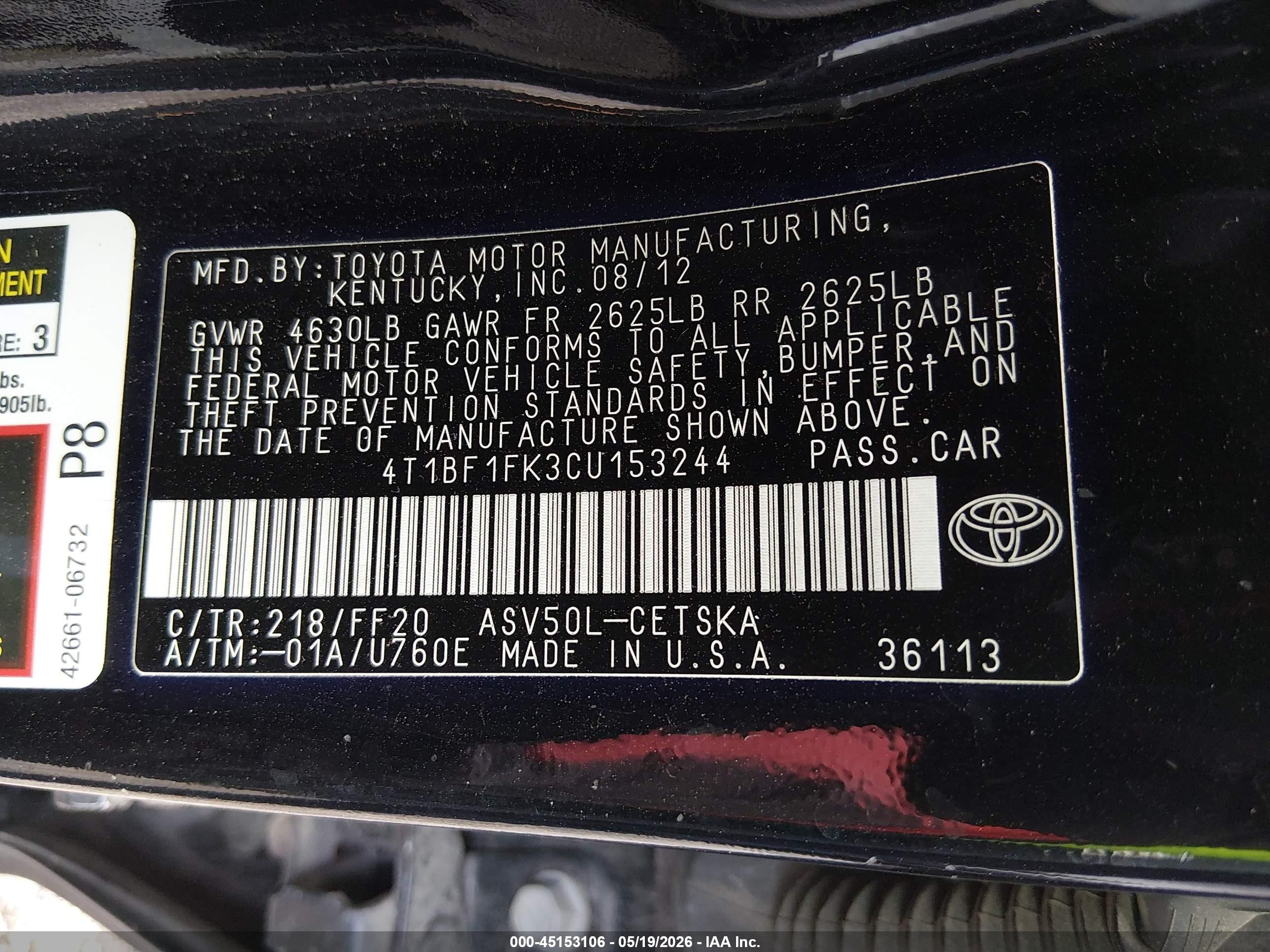 2012 Toyota Camry Se Limited Edition Black vin: 4T1BF1FK3CU153244