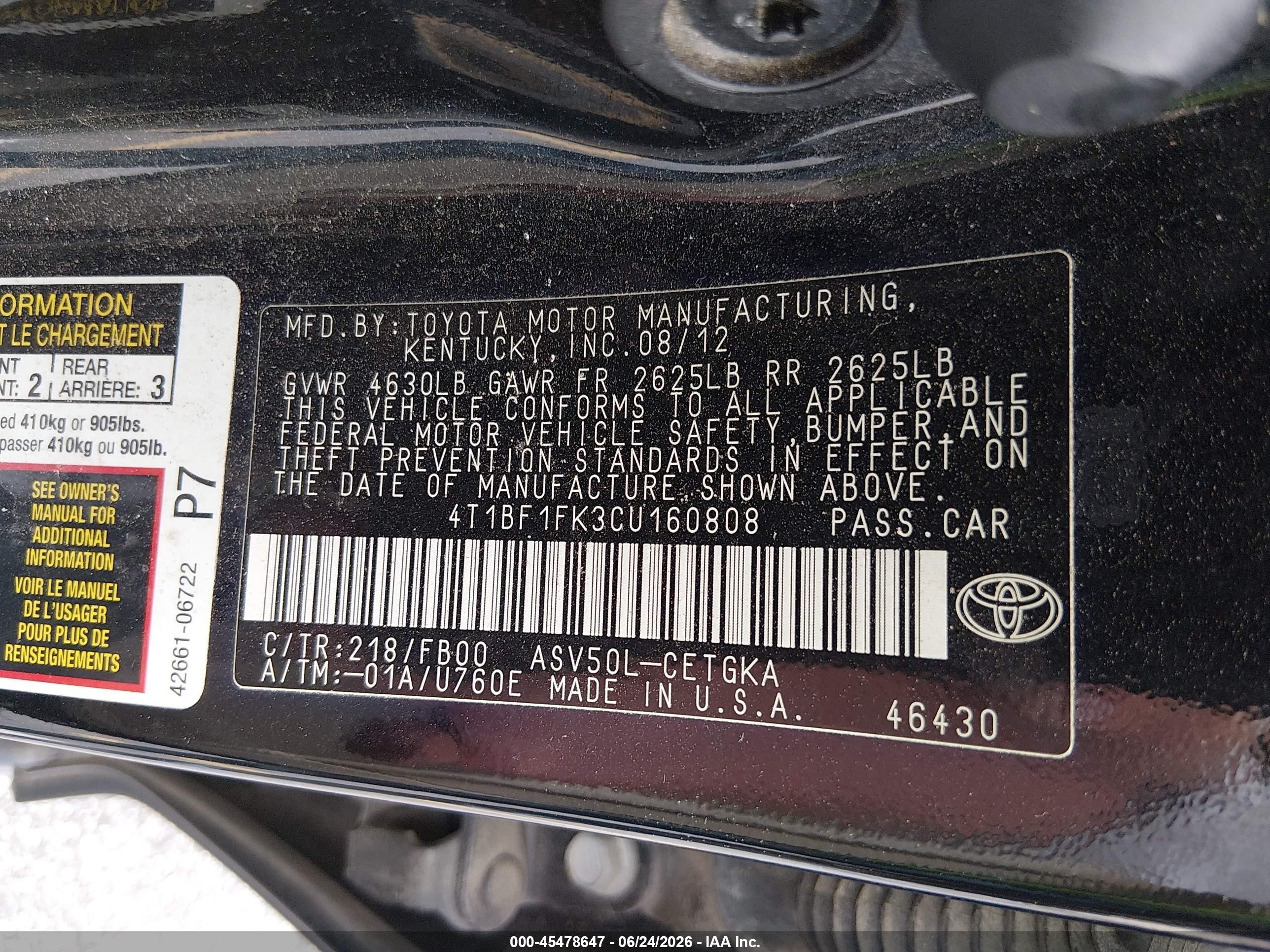 2012 Toyota Camry Xle Black vin: 4T1BF1FK3CU160808