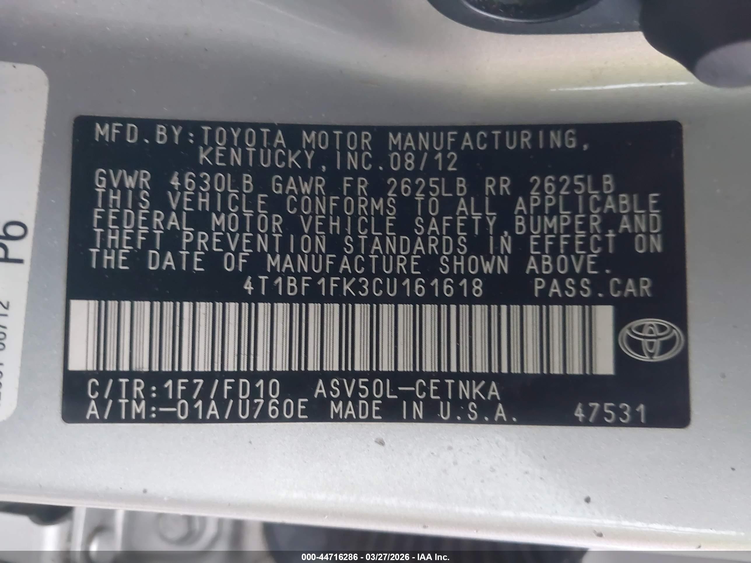 2012 Toyota Camry Le Silver vin: 4T1BF1FK3CU161618