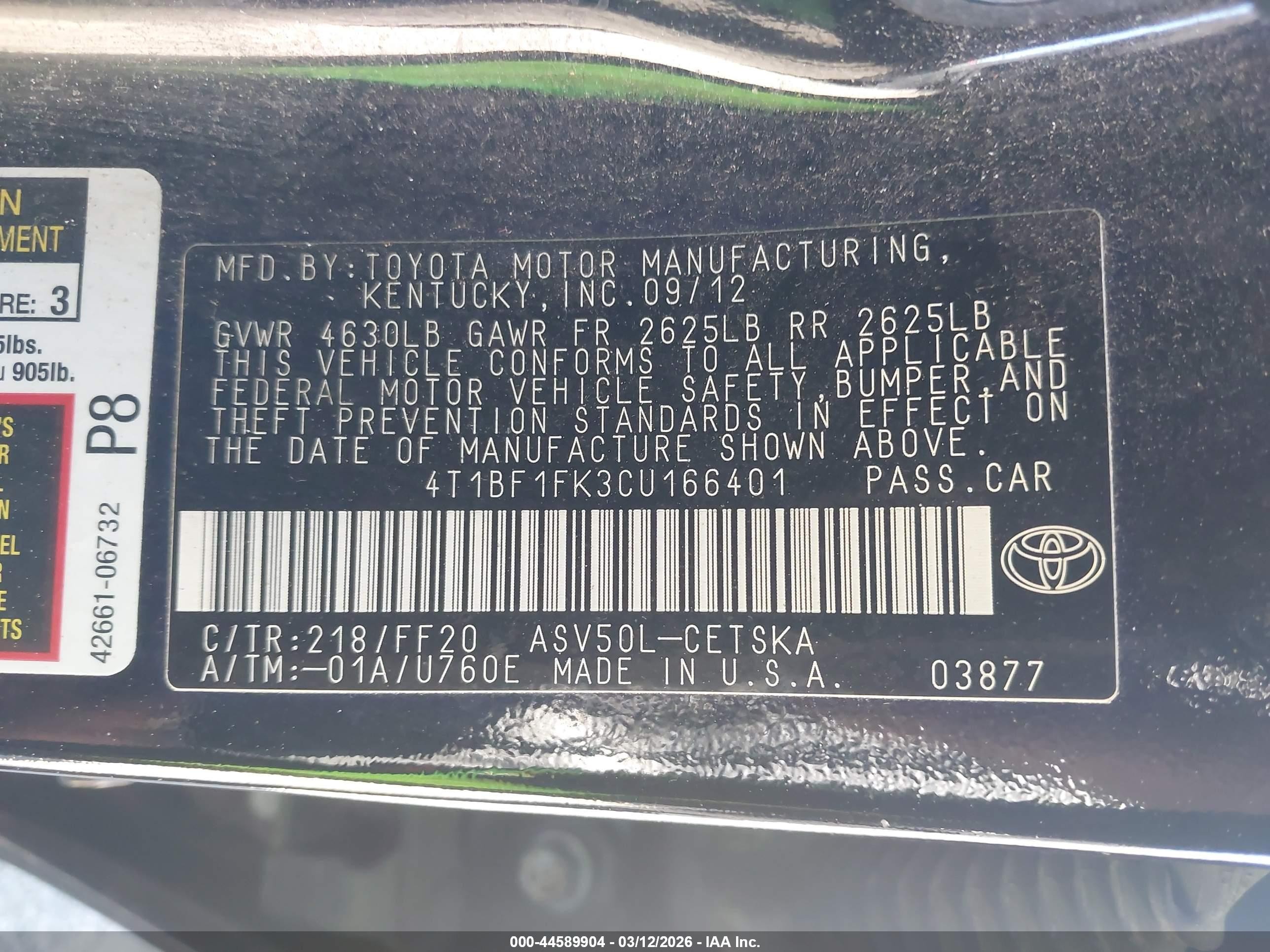 2012 Toyota Camry Se Limited Edition Black vin: 4T1BF1FK3CU166401