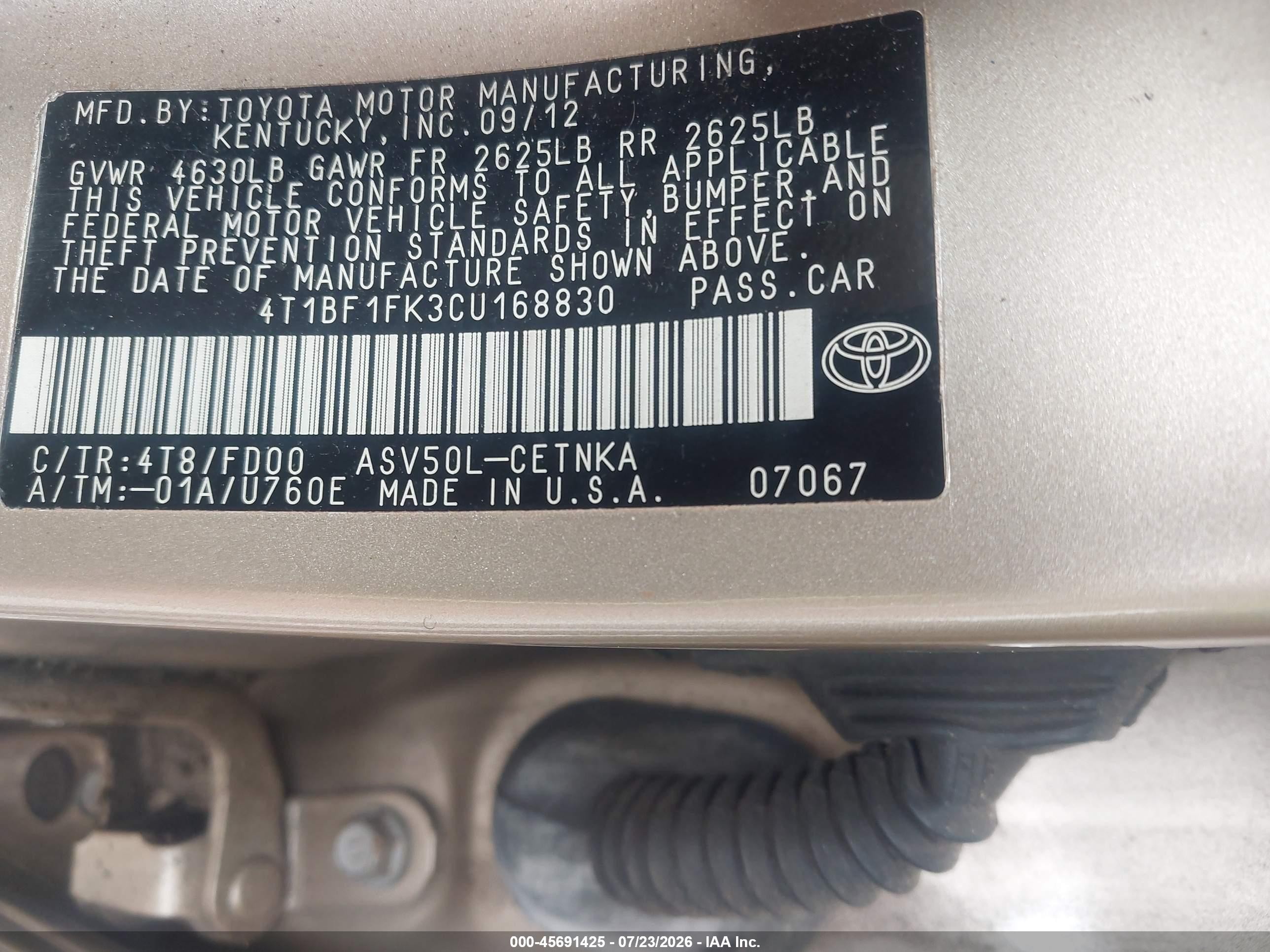 2012 Toyota Camry Le Tan vin: 4T1BF1FK3CU168830