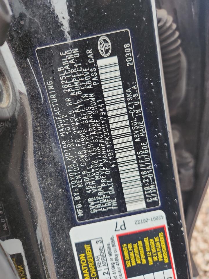 2012 Toyota Camry Se Black vin: 4T1BF1FK3CU179441