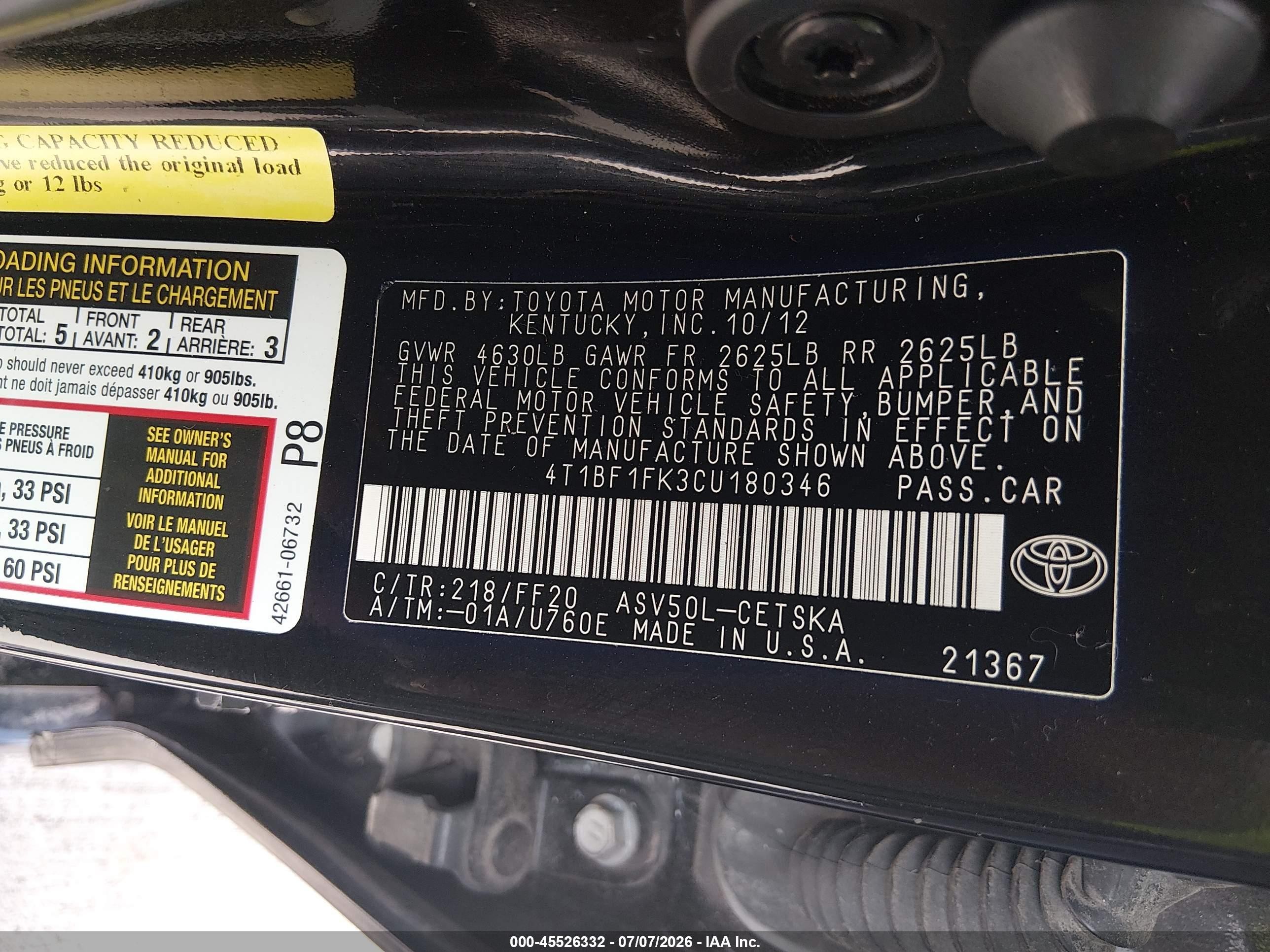 2012 Toyota Camry Se Limited Edition Черный vin: 4T1BF1FK3CU180346