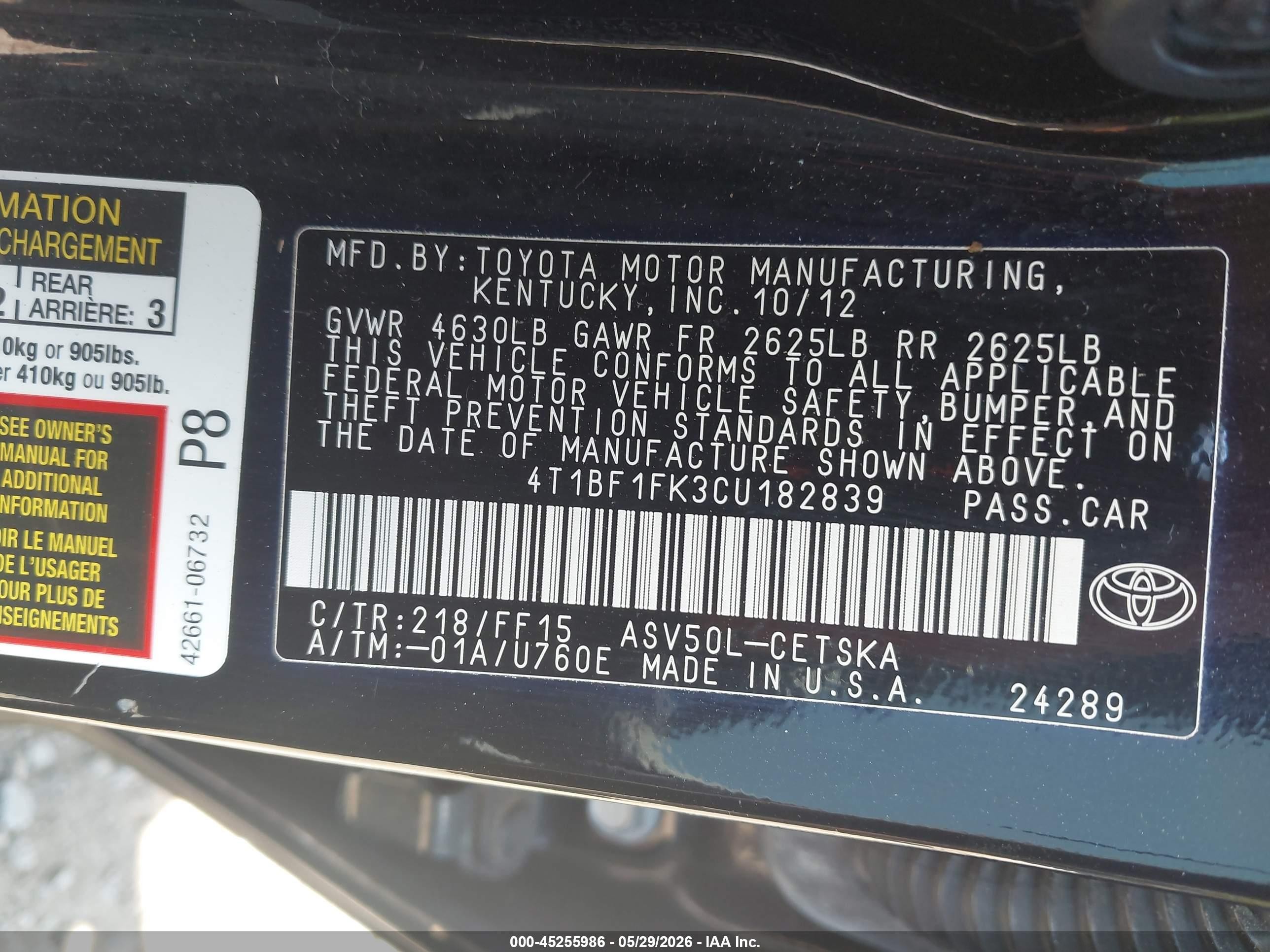 2012 Toyota Camry Se Limited Edition Black vin: 4T1BF1FK3CU182839