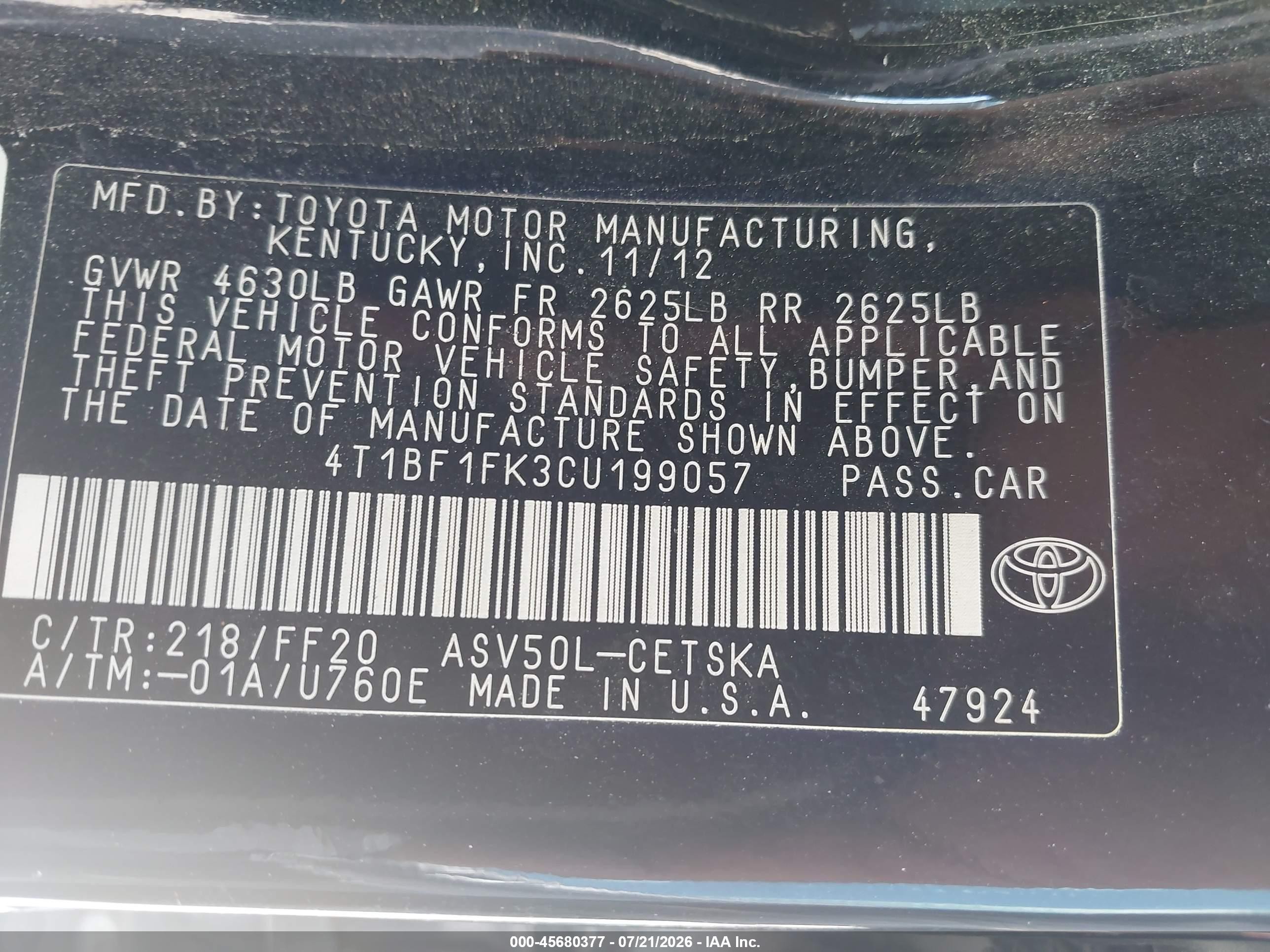 2012 Toyota Camry Se Black vin: 4T1BF1FK3CU199057
