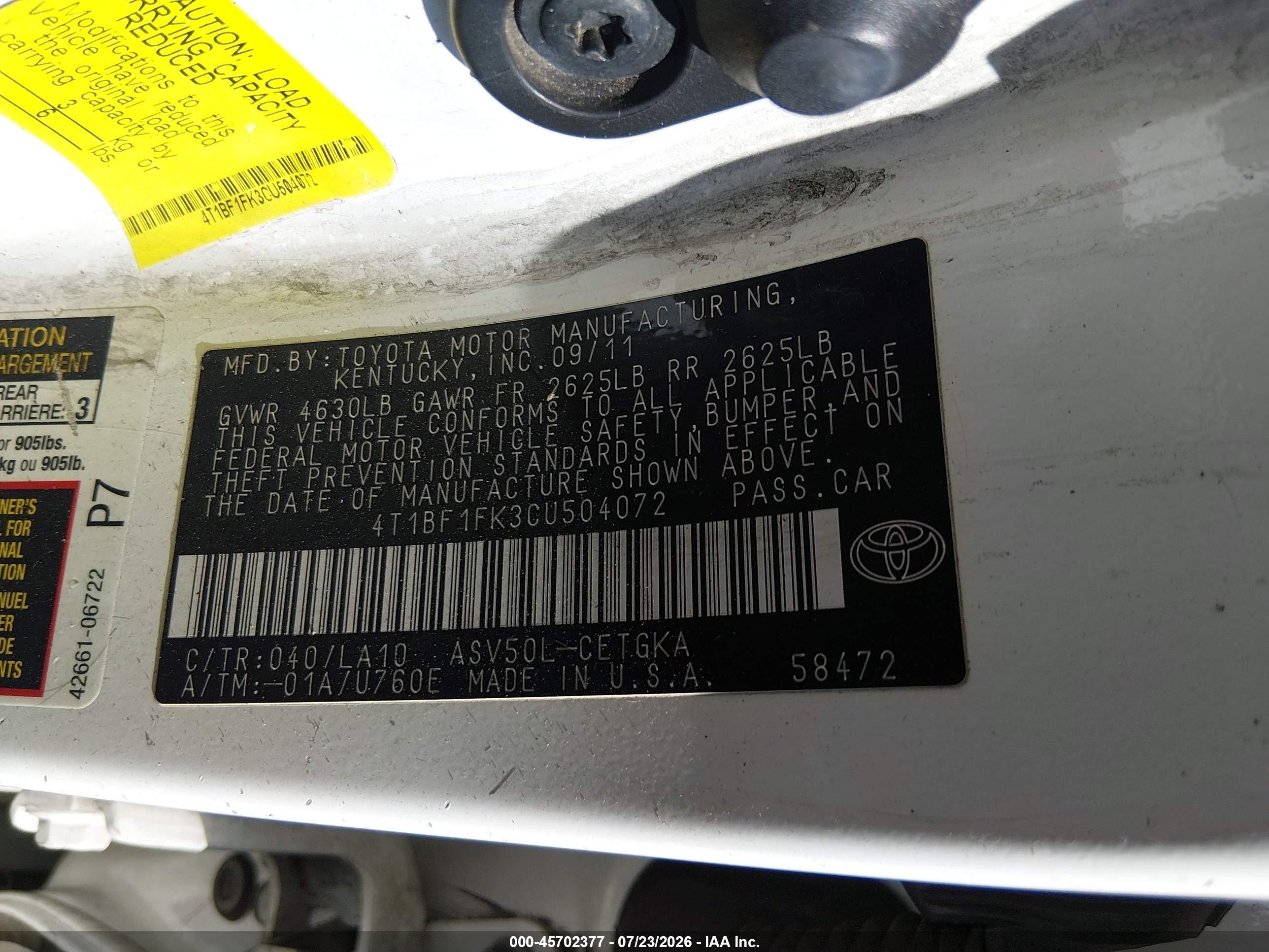2012 Toyota Camry Xle White vin: 4T1BF1FK3CU504072