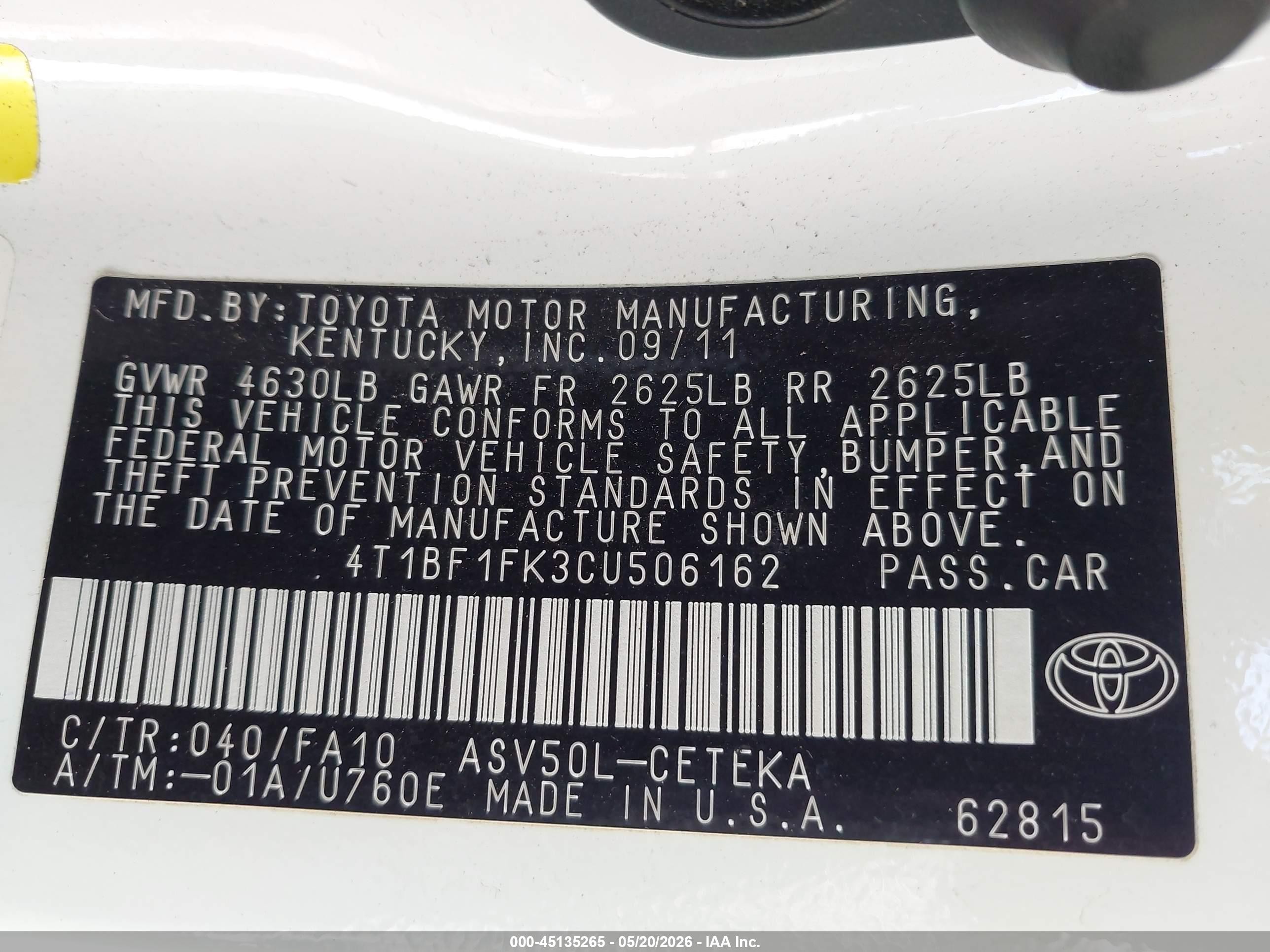 2012 Toyota Camry L Beige vin: 4T1BF1FK3CU506162