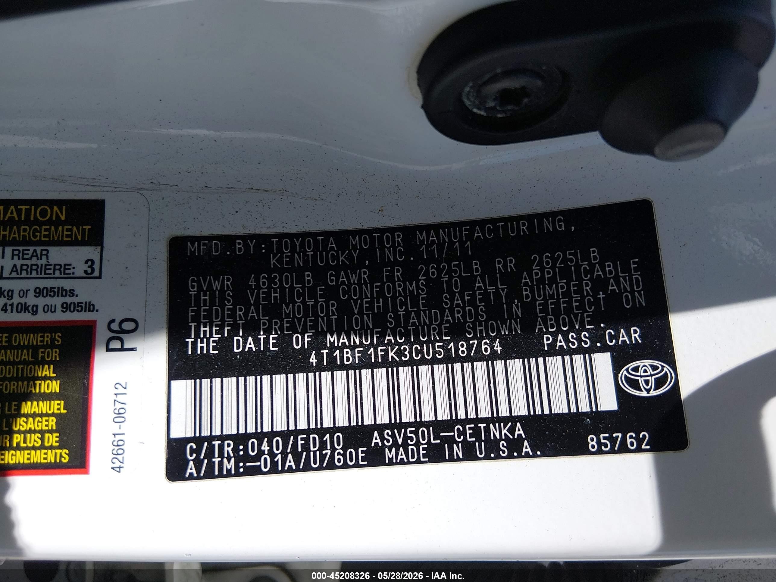 2012 Toyota Camry Le White vin: 4T1BF1FK3CU518764