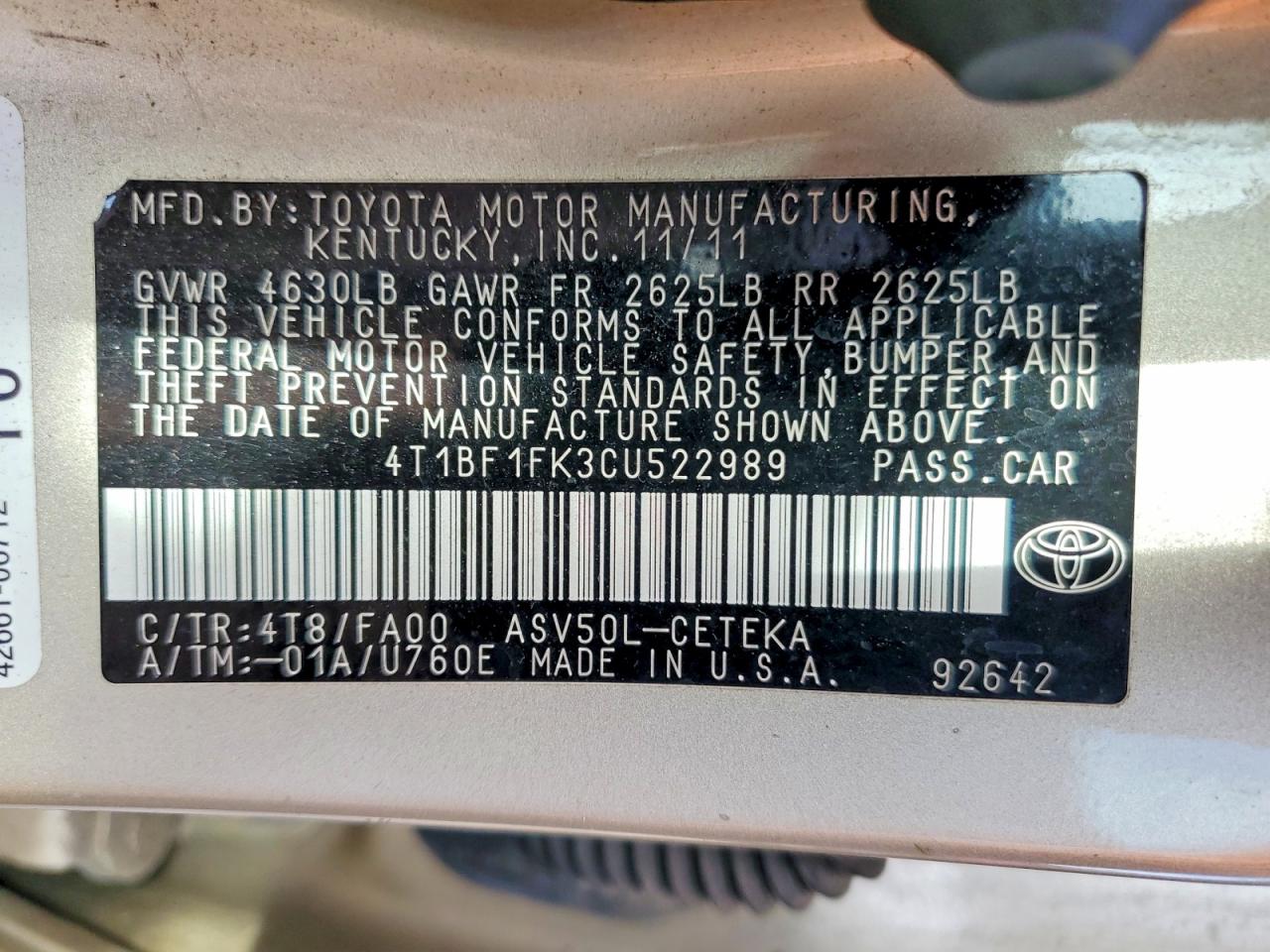 2012 Toyota Camry L Gold vin: 4T1BF1FK3CU522989