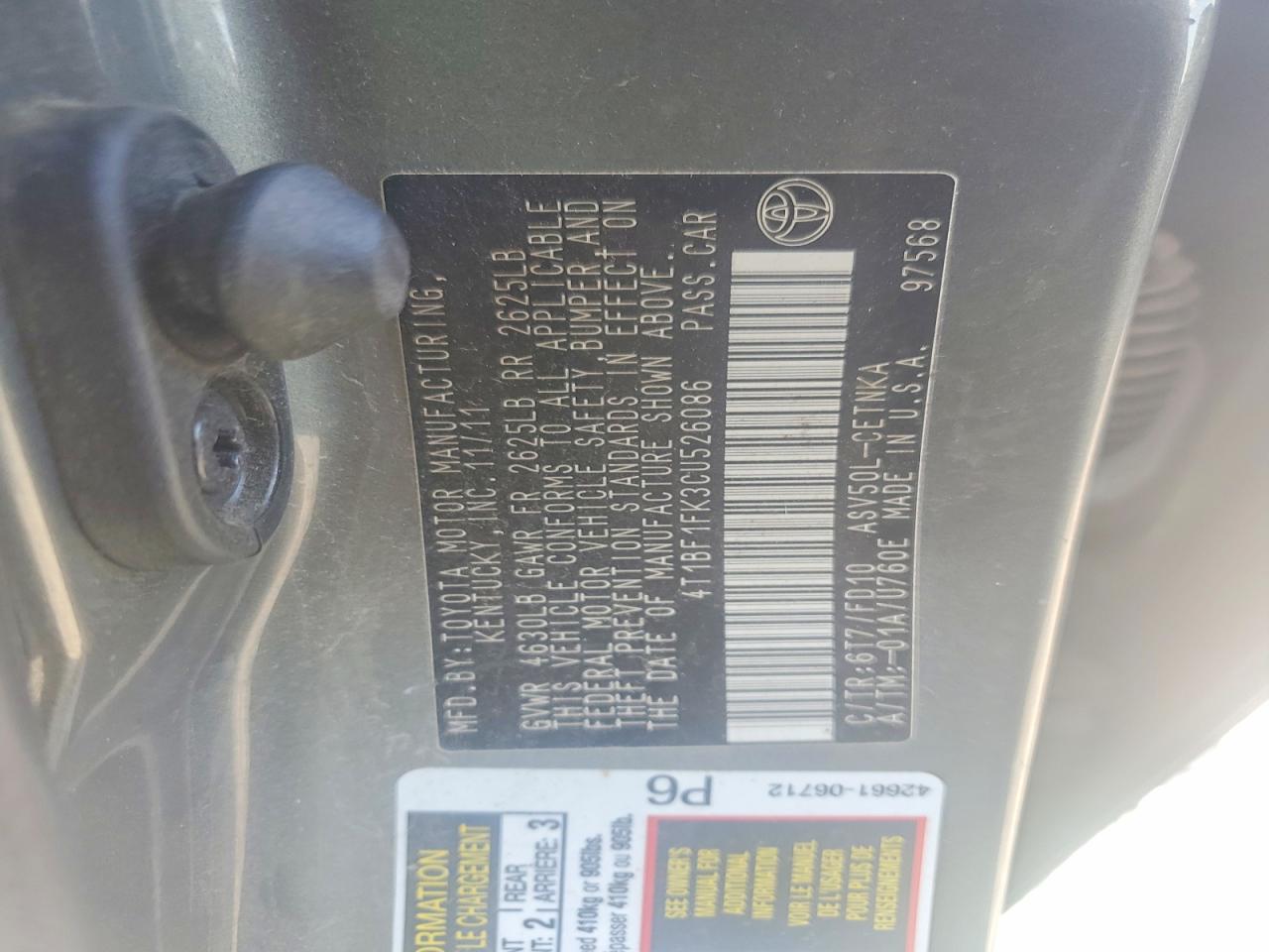 2012 Toyota Camry Le Gray vin: 4T1BF1FK3CU526086