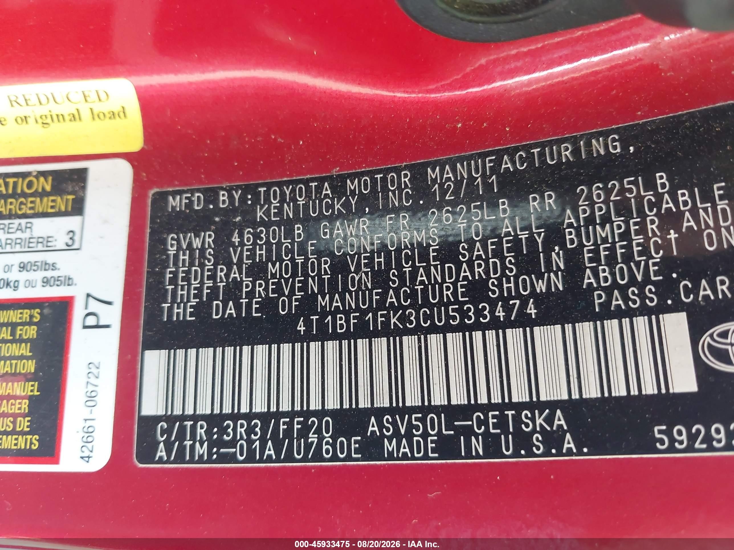 2012 Toyota Camry Se Maroon vin: 4T1BF1FK3CU533474