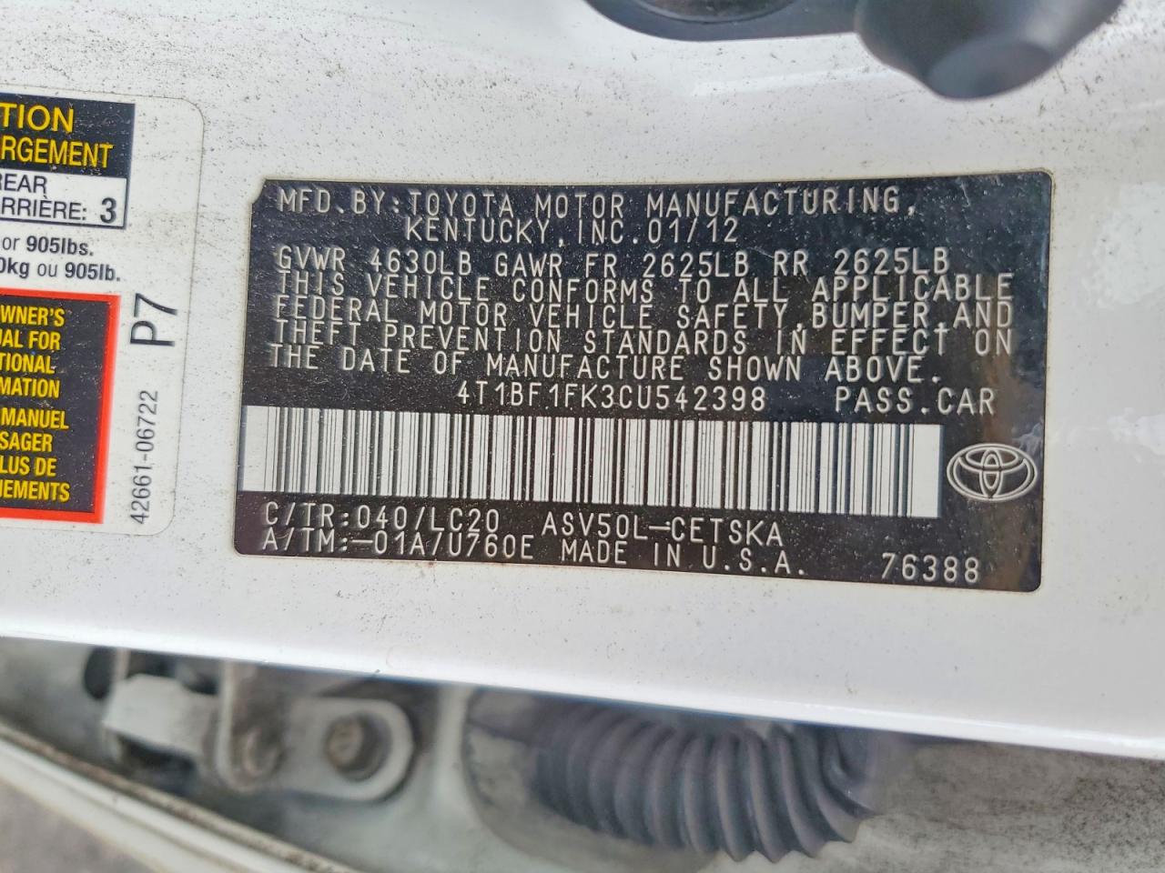 2012 Toyota Camry Se White vin: 4T1BF1FK3CU542398