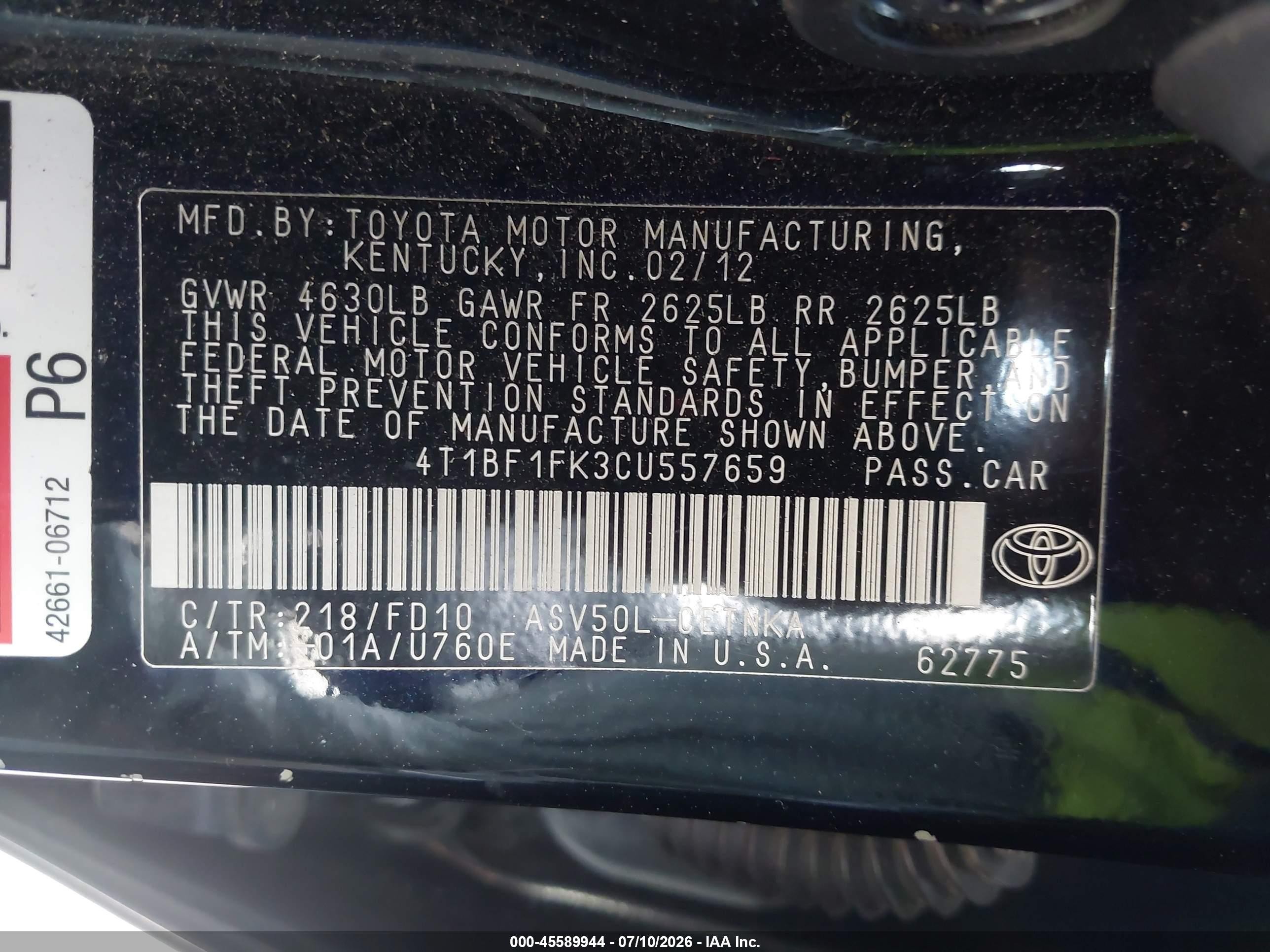 2012 Toyota Camry Le Черный vin: 4T1BF1FK3CU557659