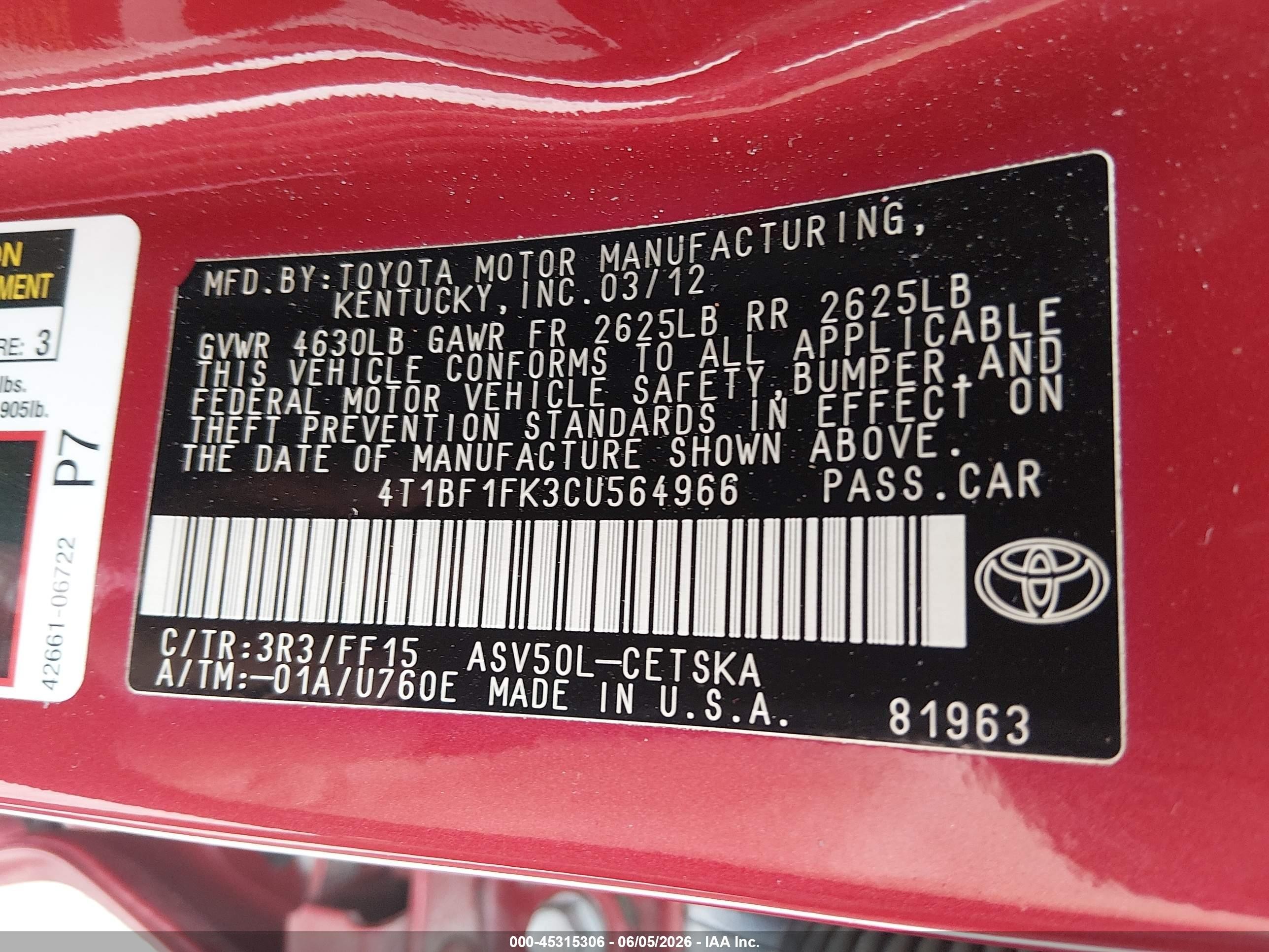 2012 Toyota Camry Se Red vin: 4T1BF1FK3CU564966