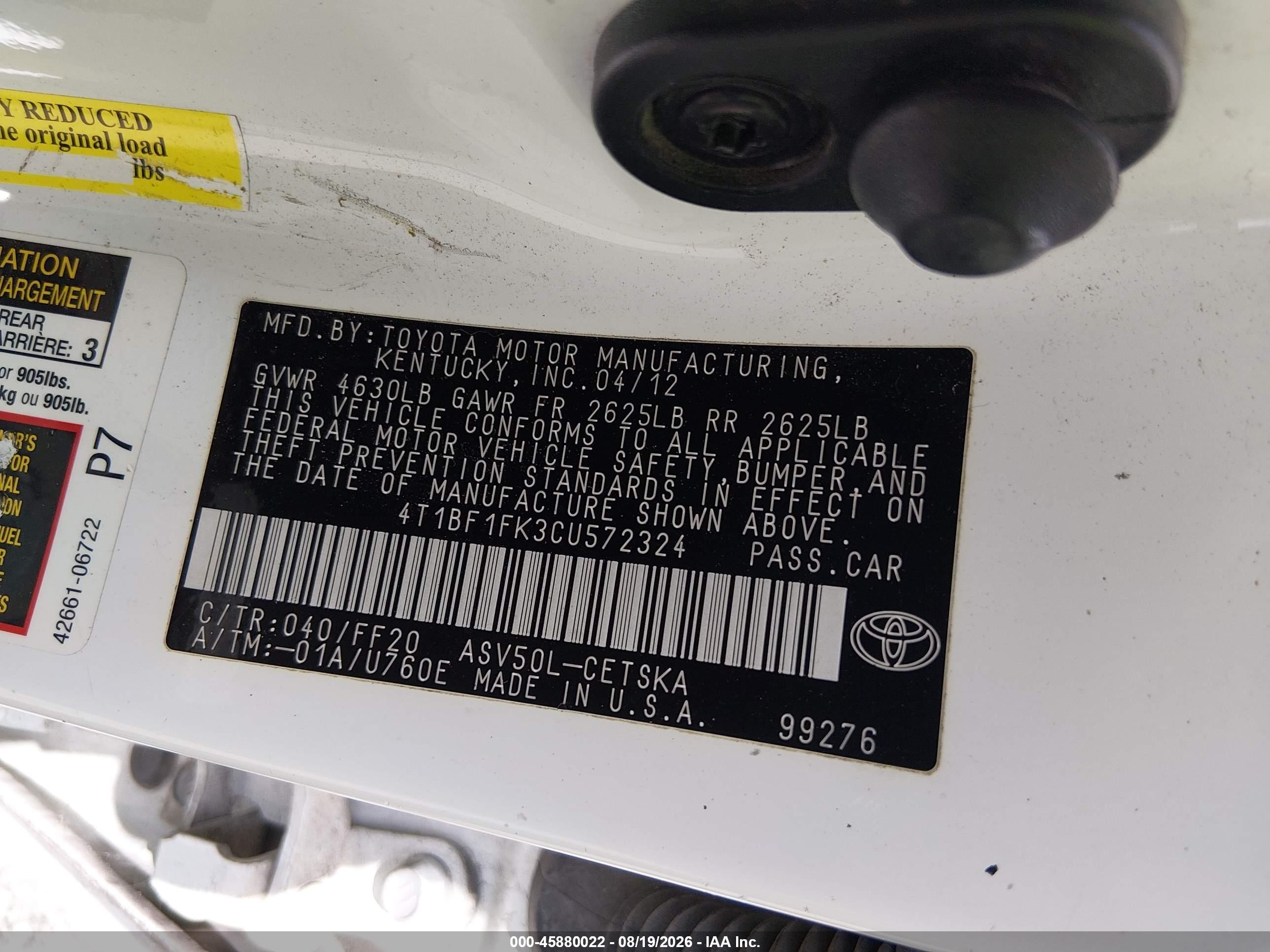 2012 Toyota Camry Se White vin: 4T1BF1FK3CU572324