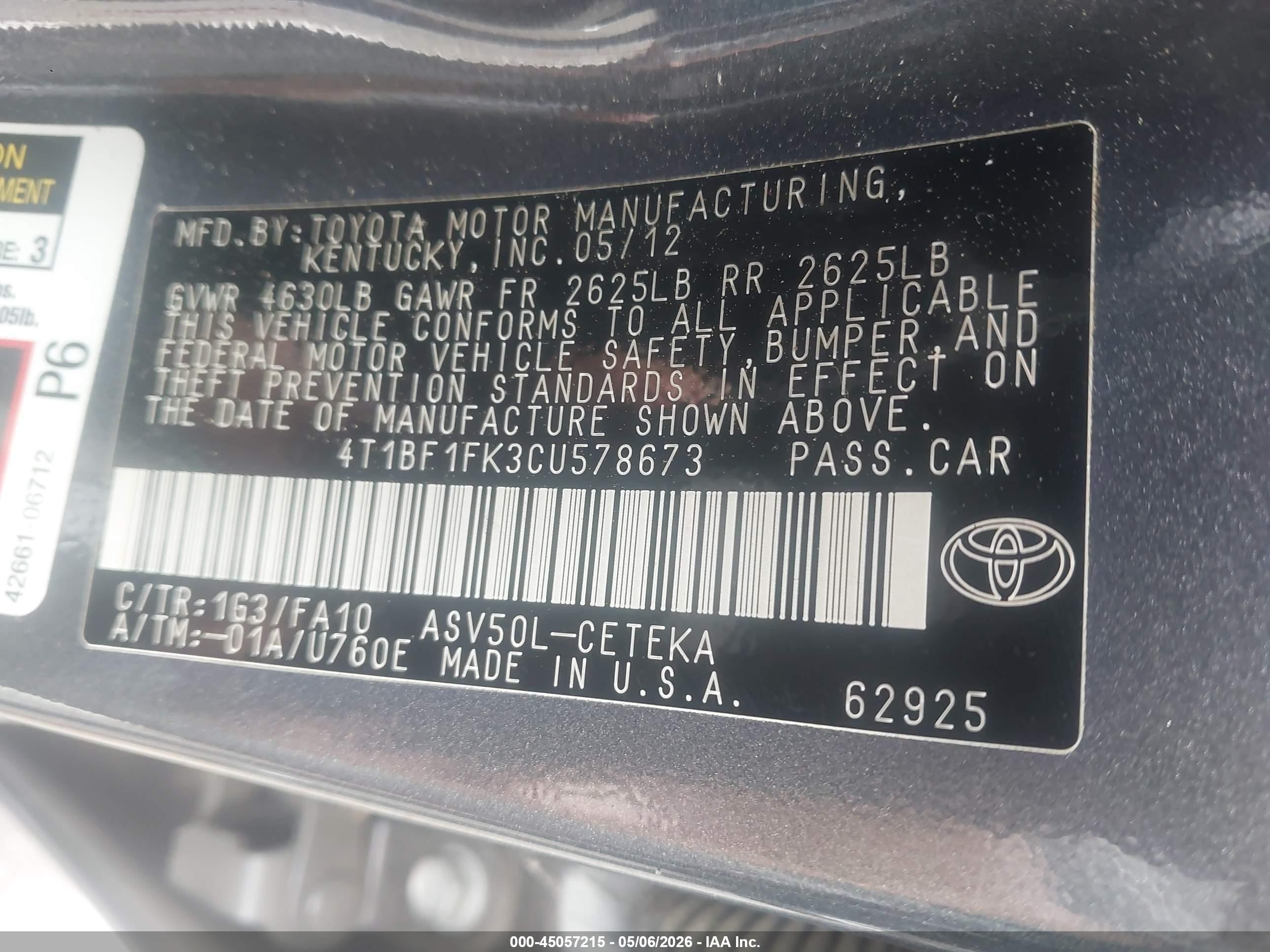 2012 Toyota Camry L Gray vin: 4T1BF1FK3CU578673
