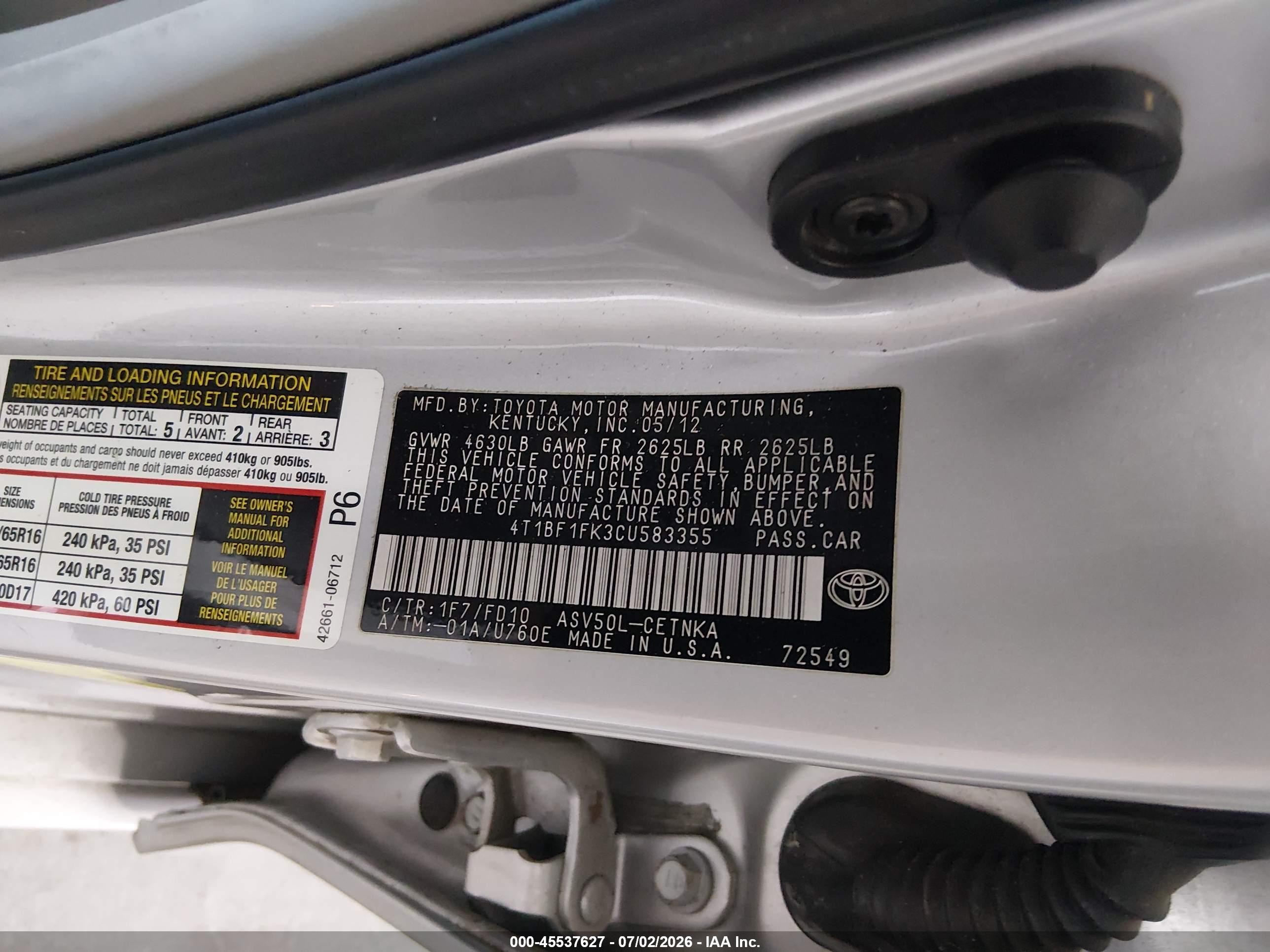 2012 Toyota Camry Le Silver vin: 4T1BF1FK3CU583355